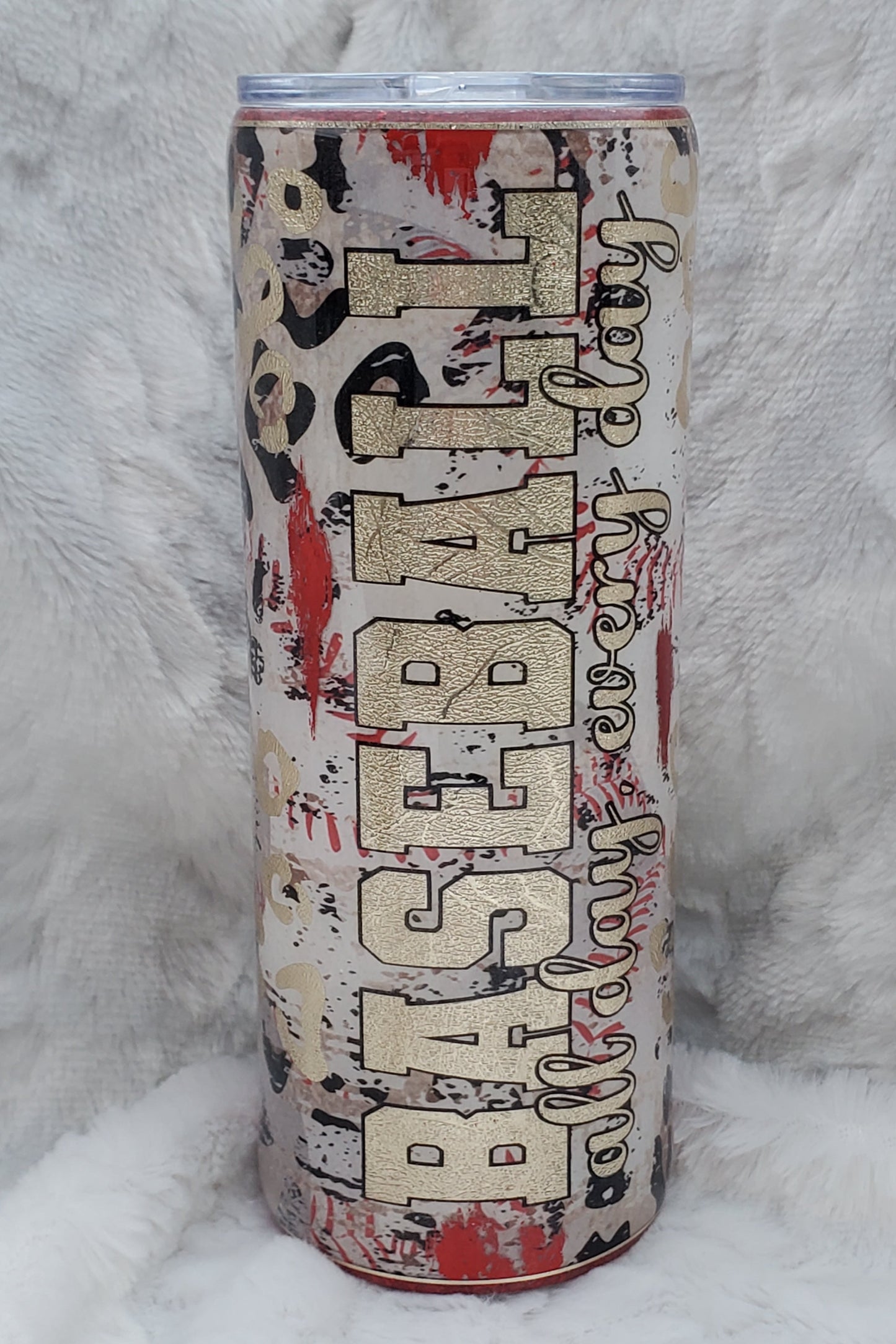 Baseball all day leopard Glitter Custom Tumbler - 24 oz Skinny Plump - white red gold