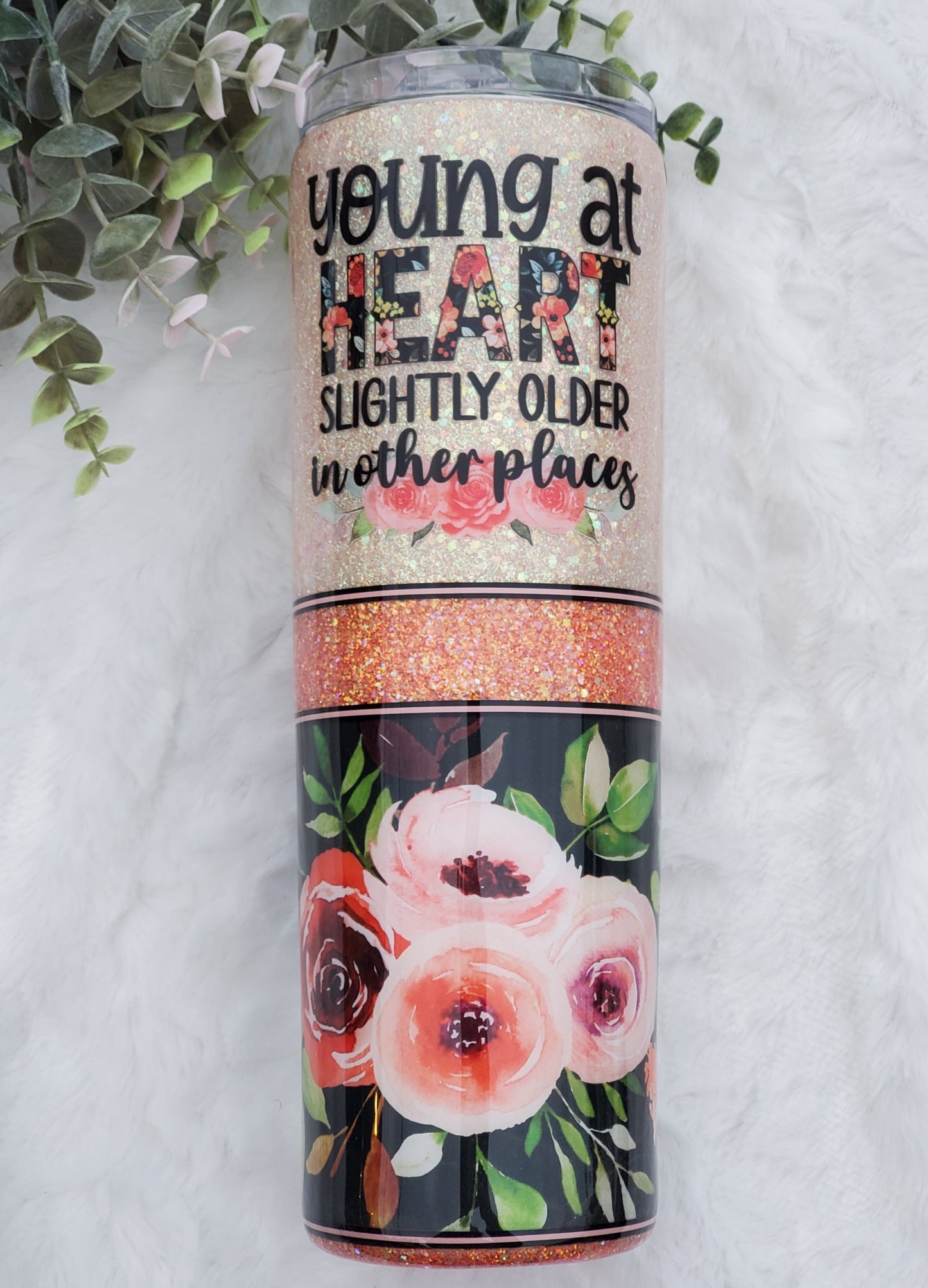 Young at Heart Glitter Floral custom tumbler - 30 oz skinny taper - peach