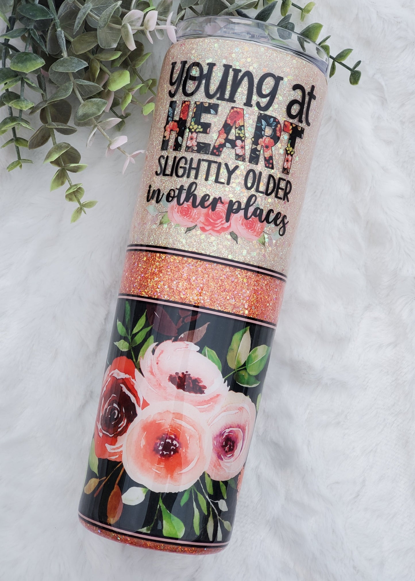 Young at Heart Glitter Floral custom tumbler - 30 oz skinny taper - peach