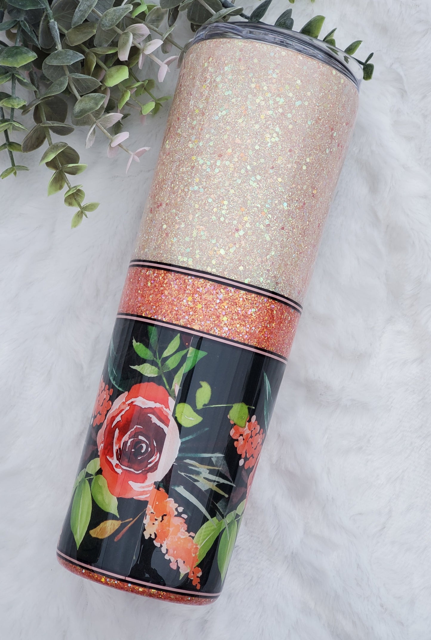 Young at Heart Glitter Floral custom tumbler - 30 oz skinny taper - peach