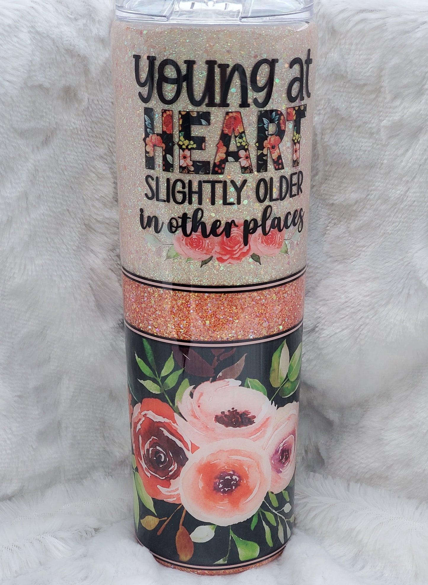 Young at Heart Glitter Floral custom tumbler - 30 oz skinny taper - peach