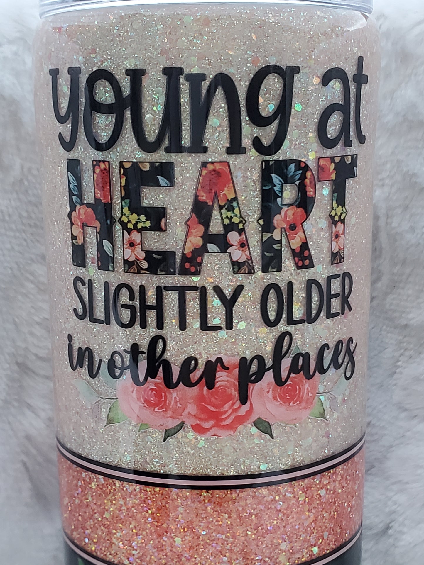 Young at Heart Glitter Floral custom tumbler - 30 oz skinny taper - peach