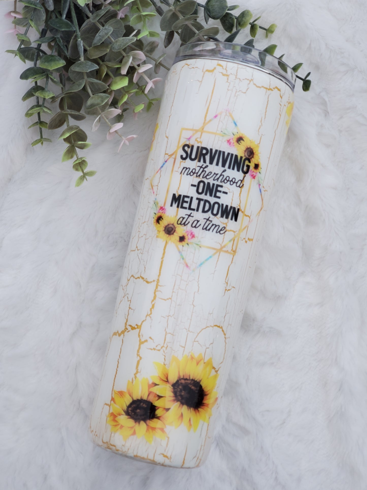 Surviving Motherhood one Meltdown at a time sunflower glitter custom tumbler - 30 oz skinny taper - yellow white