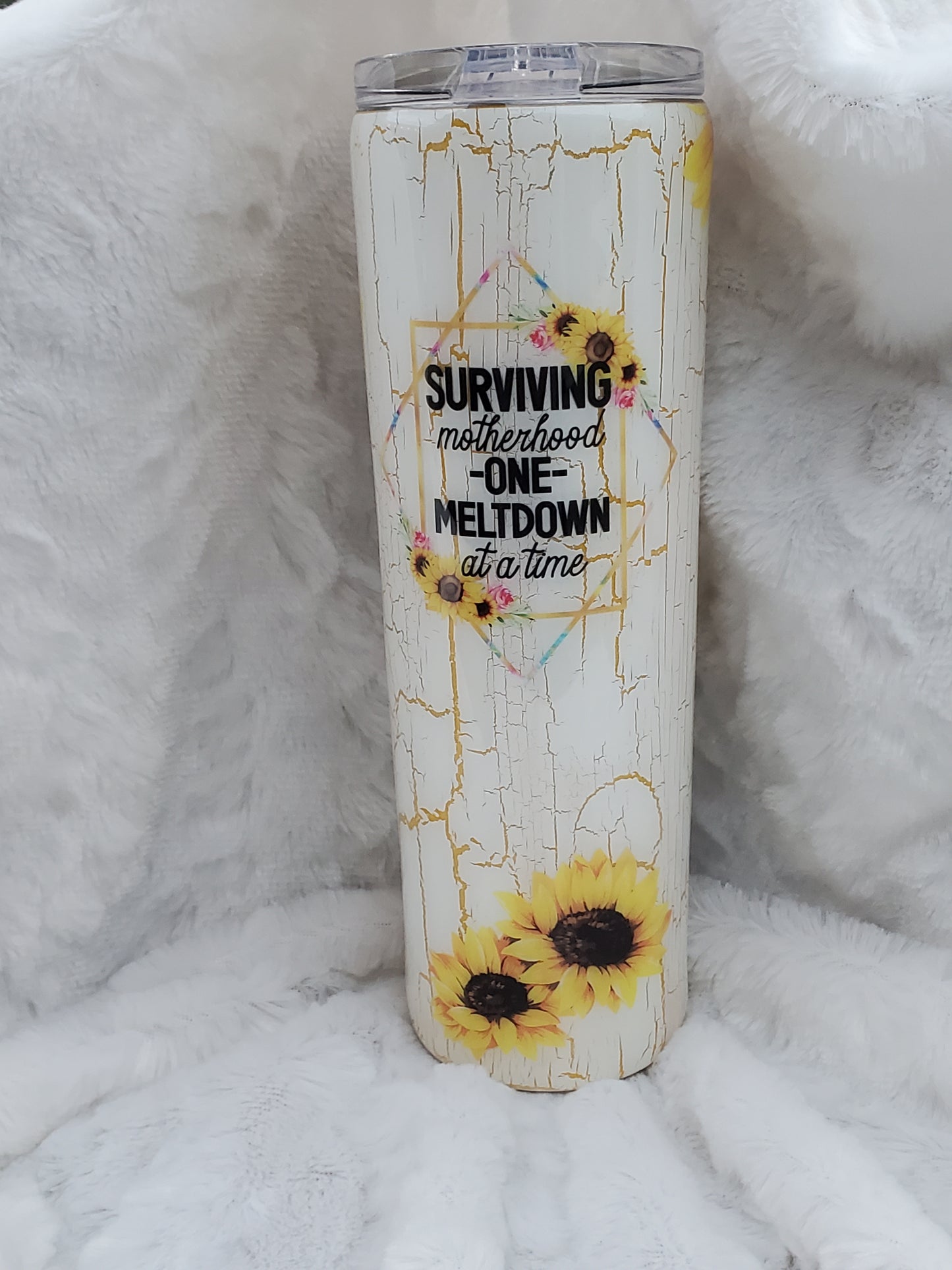 Surviving Motherhood one Meltdown at a time sunflower glitter custom tumbler - 30 oz skinny taper - yellow white