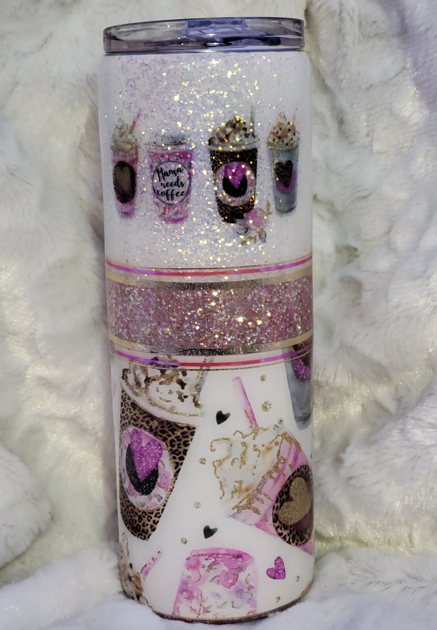 Mama needs coffee Glitter Custom Tumbler - 20 oz Skinny Straight - white pink