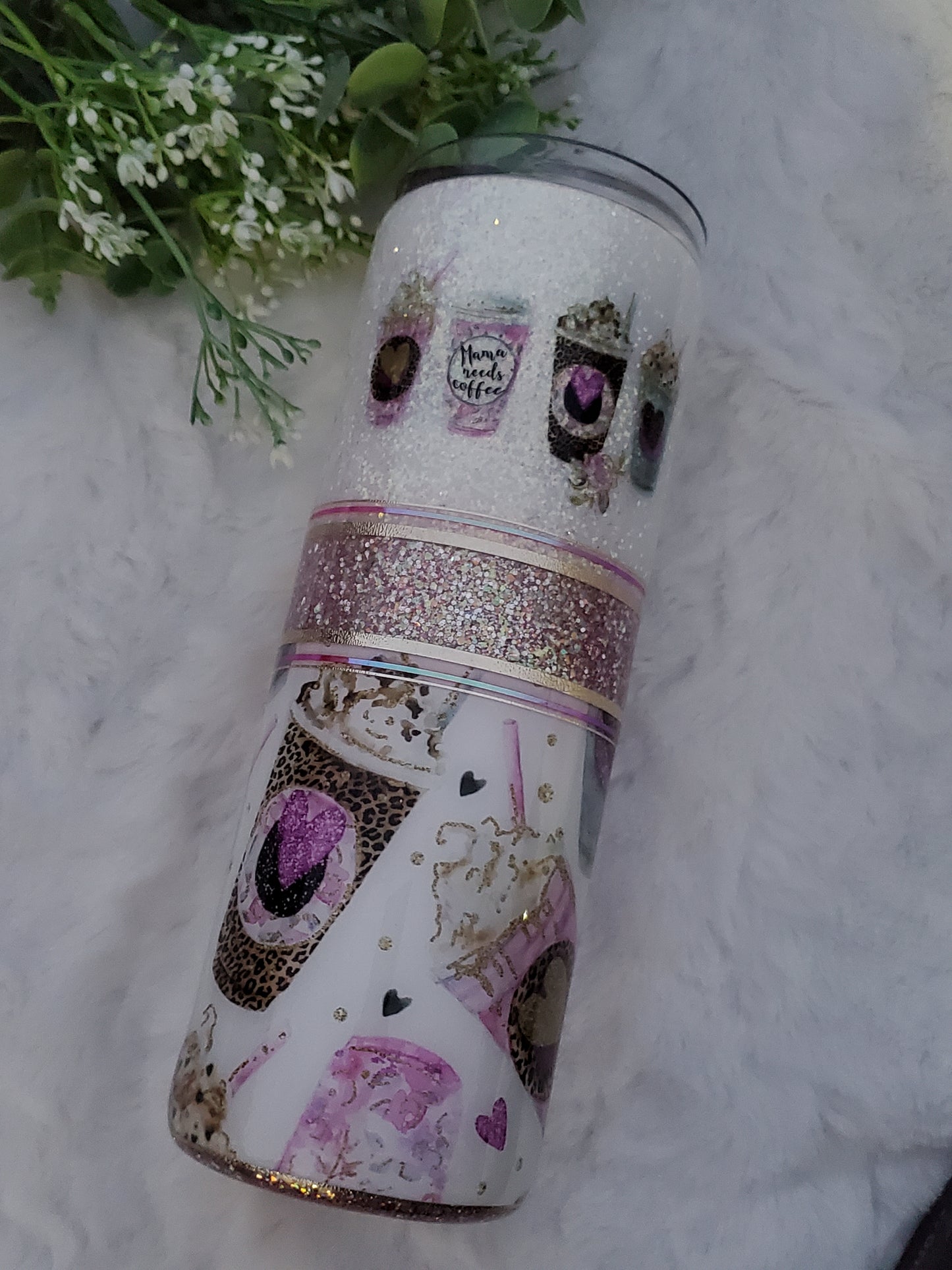 Mama needs coffee Glitter Custom Tumbler - 20 oz Skinny Straight - white pink