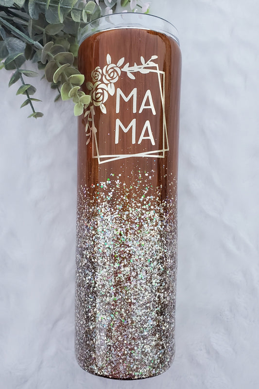 MAMA Woodgrain glitter custom tumbler - 30 oz skinny taper - wood gold