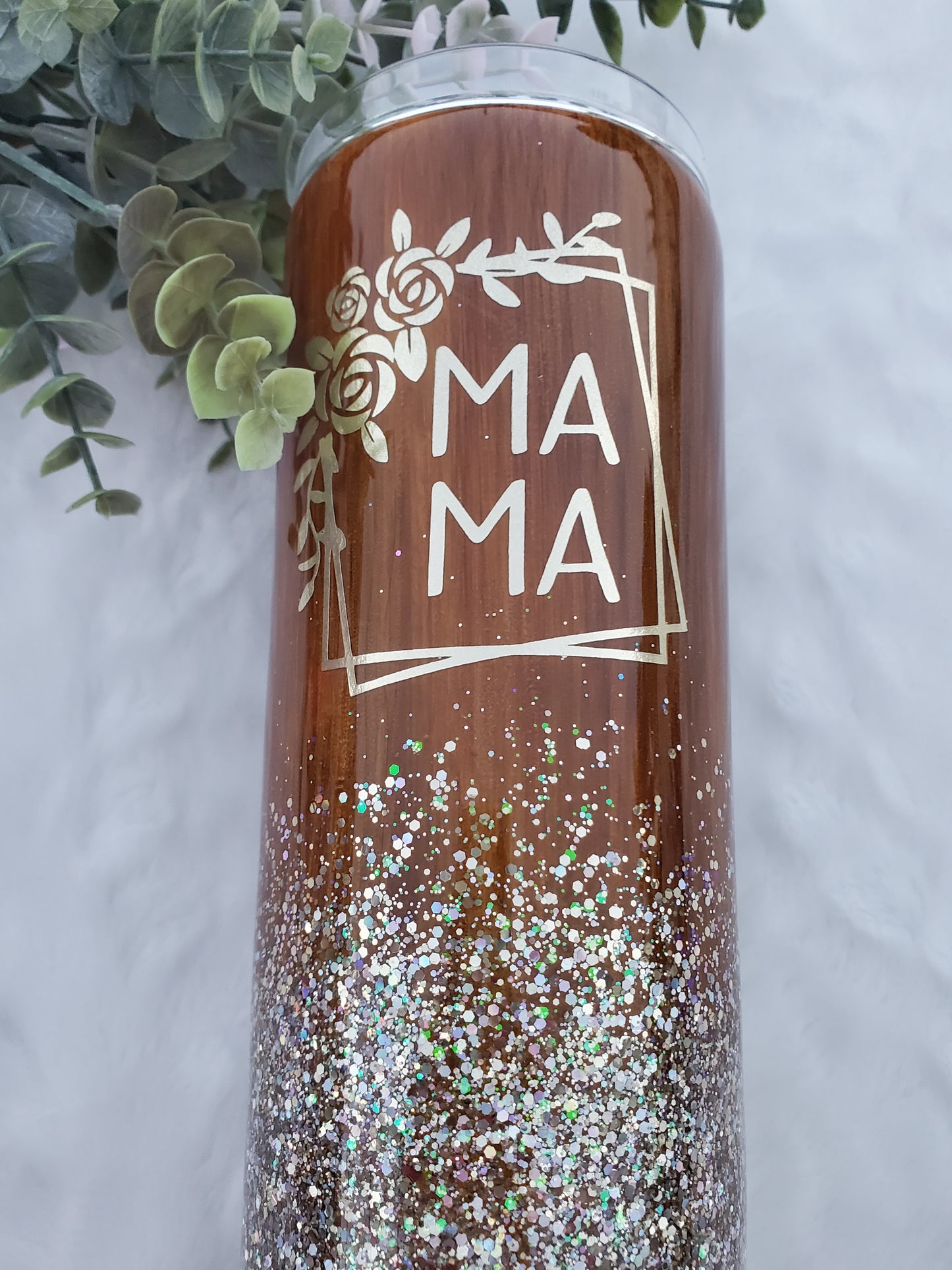 MAMA Woodgrain glitter custom tumbler - 30 oz skinny taper - wood gold