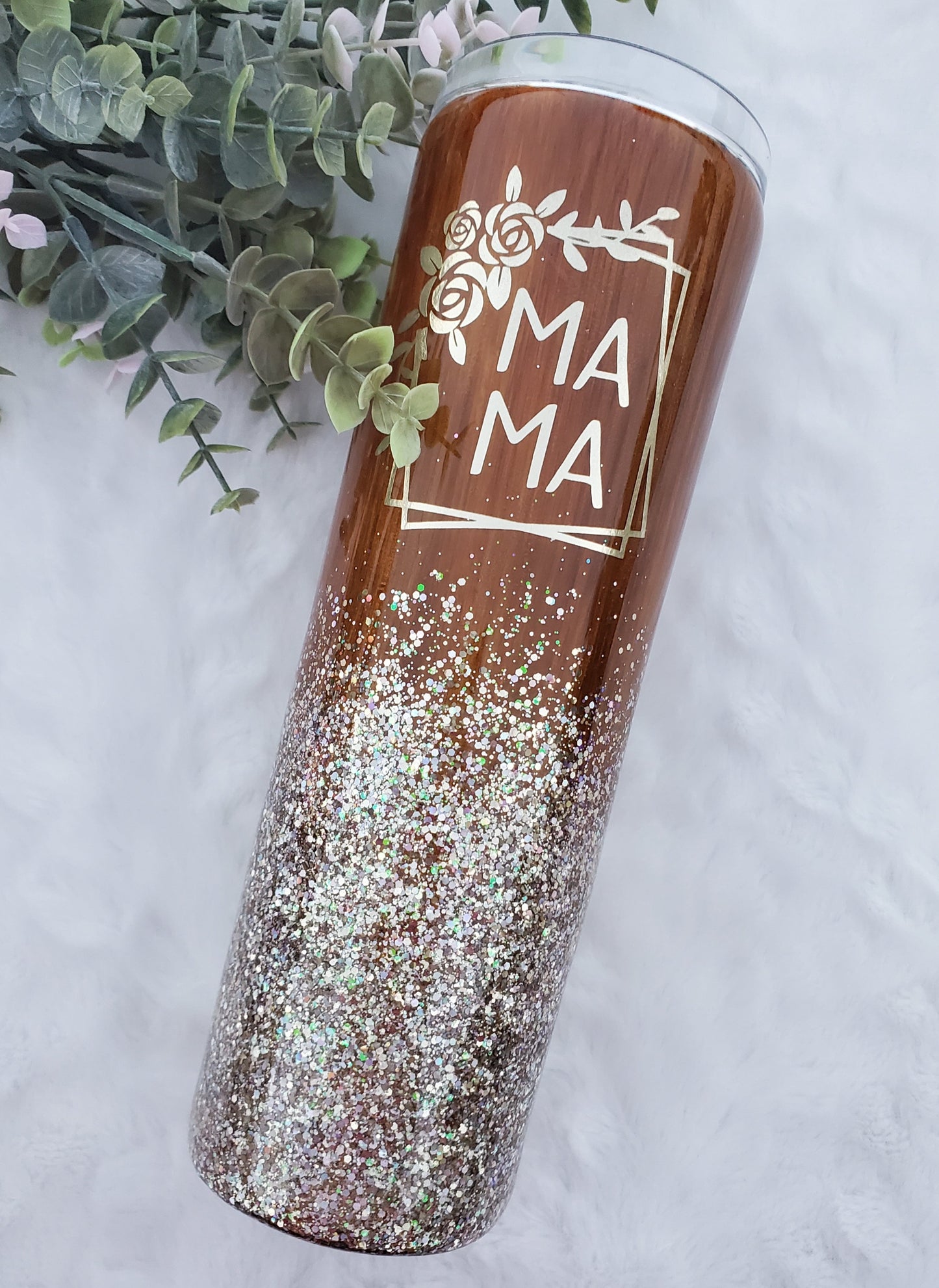 MAMA Woodgrain glitter custom tumbler - 30 oz skinny taper - wood gold