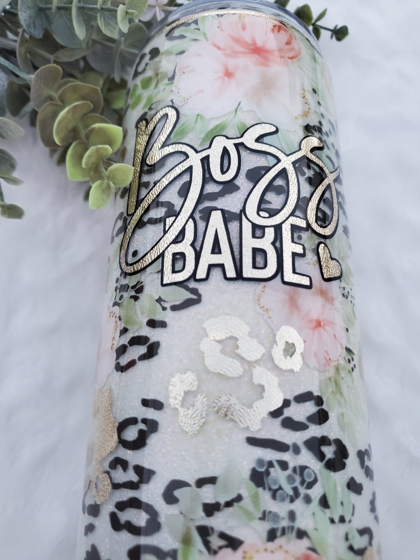 Boss Babe floral leopard Glitter Custom Tumbler - 24 oz Skinny Plump - pink peach