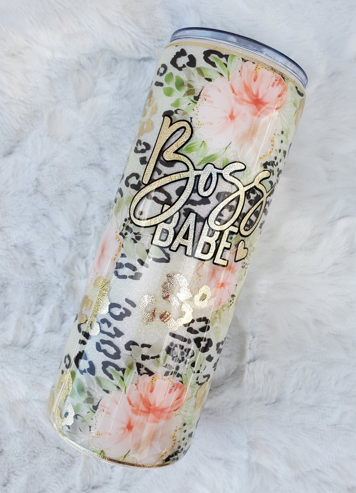 Boss Babe floral leopard Glitter Custom Tumbler - 24 oz Skinny Plump - pink peach