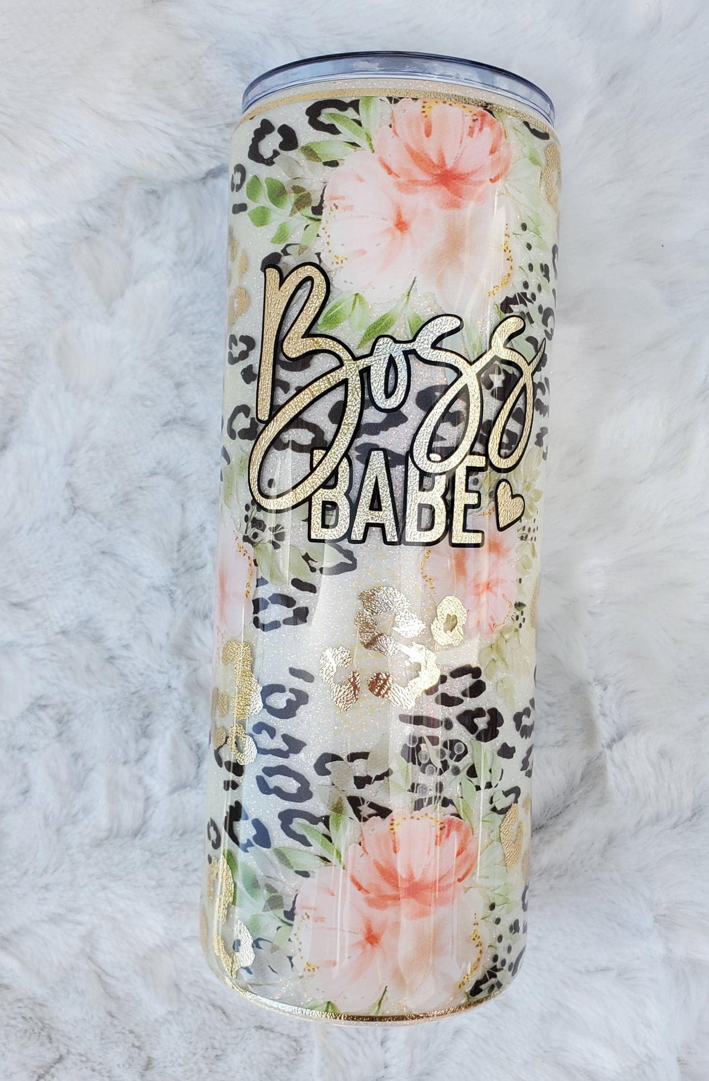 Boss Babe floral leopard Glitter Custom Tumbler - 24 oz Skinny Plump - pink peach