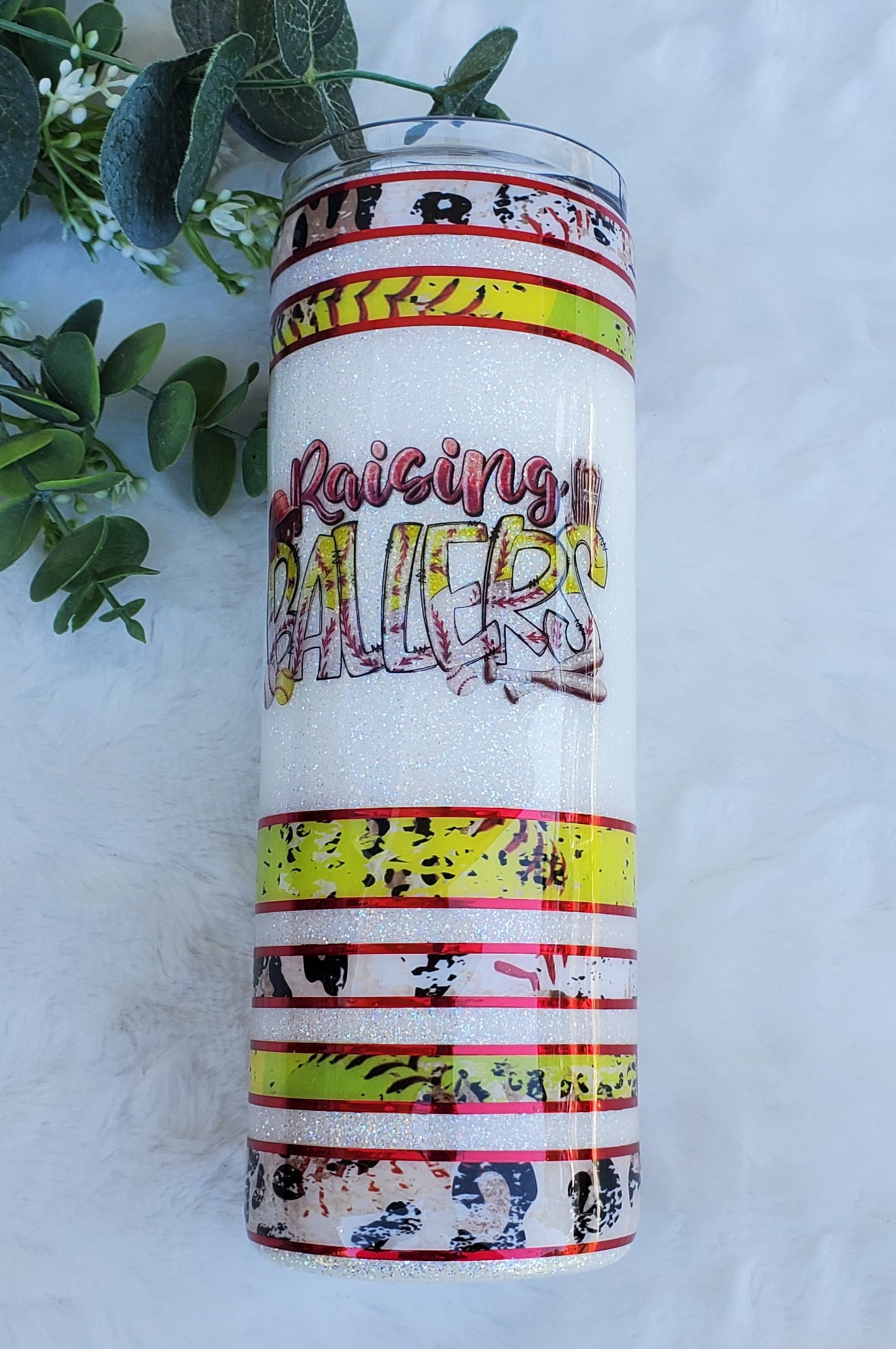 Raising Ballers leopard glitter Custom Tumbler - 32oz plump - white red yellow