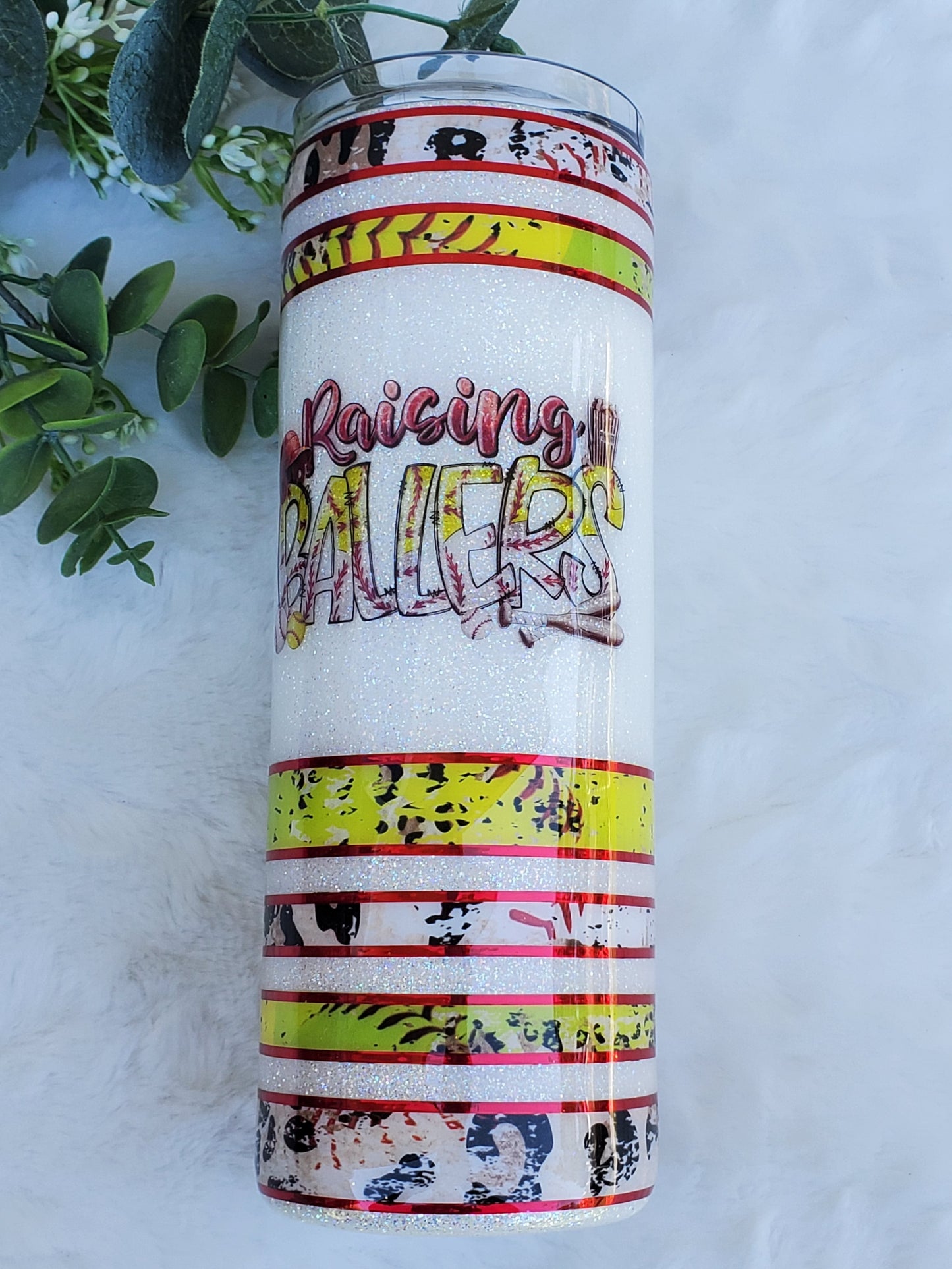 Raising Ballers softball baseball Glitter Custom Tumbler - 20 oz Skinny Straight - white yellow red