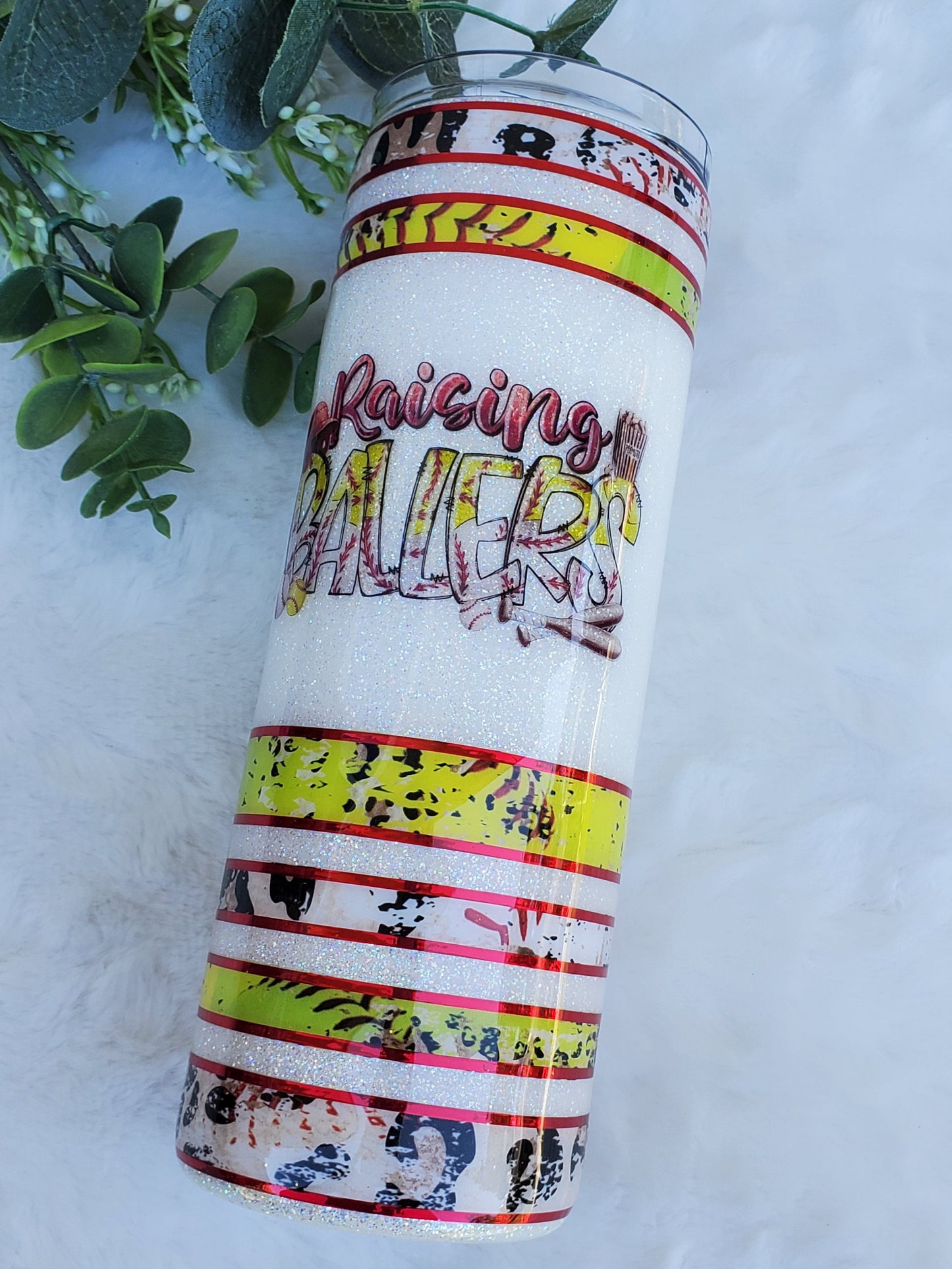 Raising Ballers softball baseball Glitter Custom Tumbler - 20 oz Skinny Straight - white yellow red