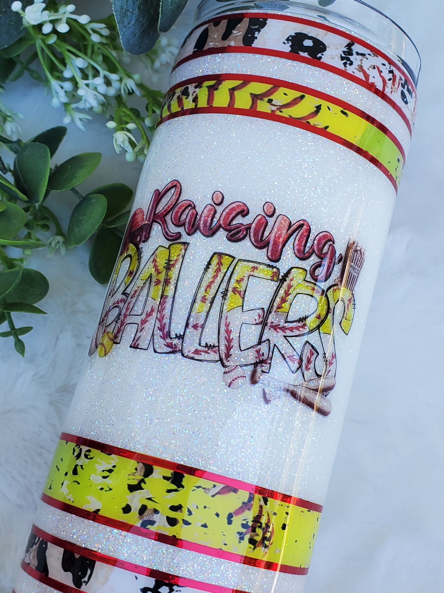 Raising Ballers softball baseball Glitter Custom Tumbler - 20 oz Skinny Straight - white yellow red