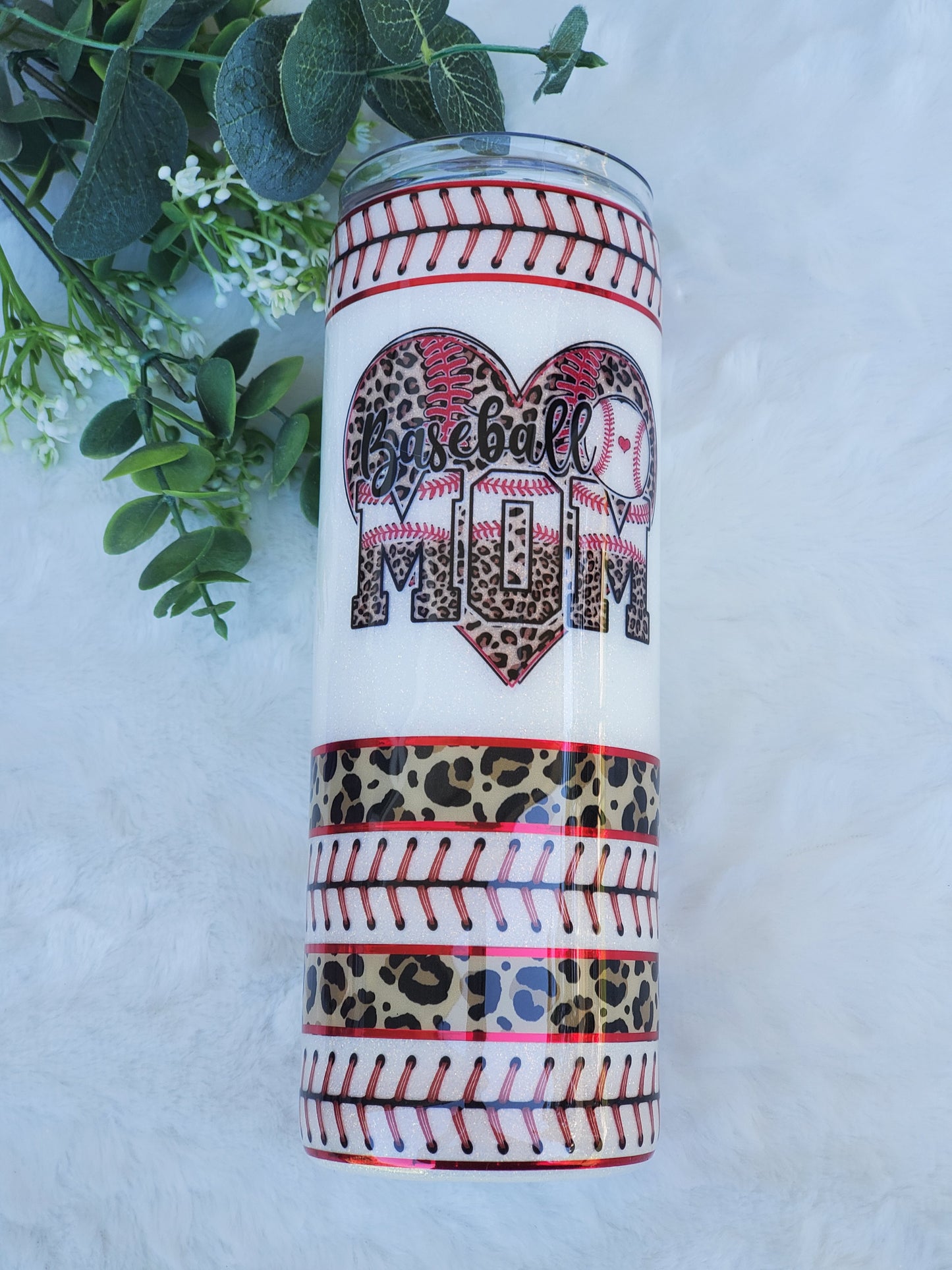 Baseball MOM leopard glitter Custom Tumbler - 20 oz Skinny Straight - white red