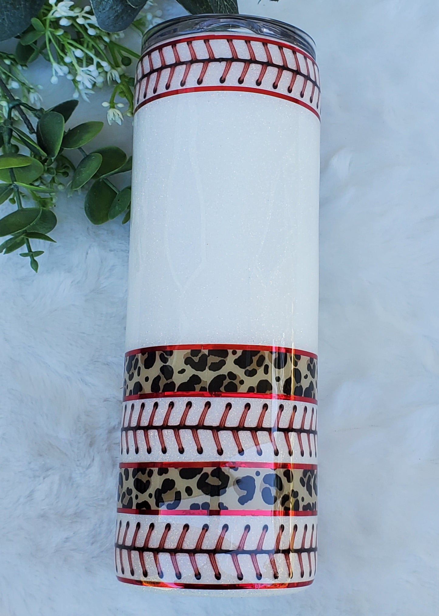 Baseball MOM leopard glitter Custom Tumbler - 20 oz Skinny Straight - white red