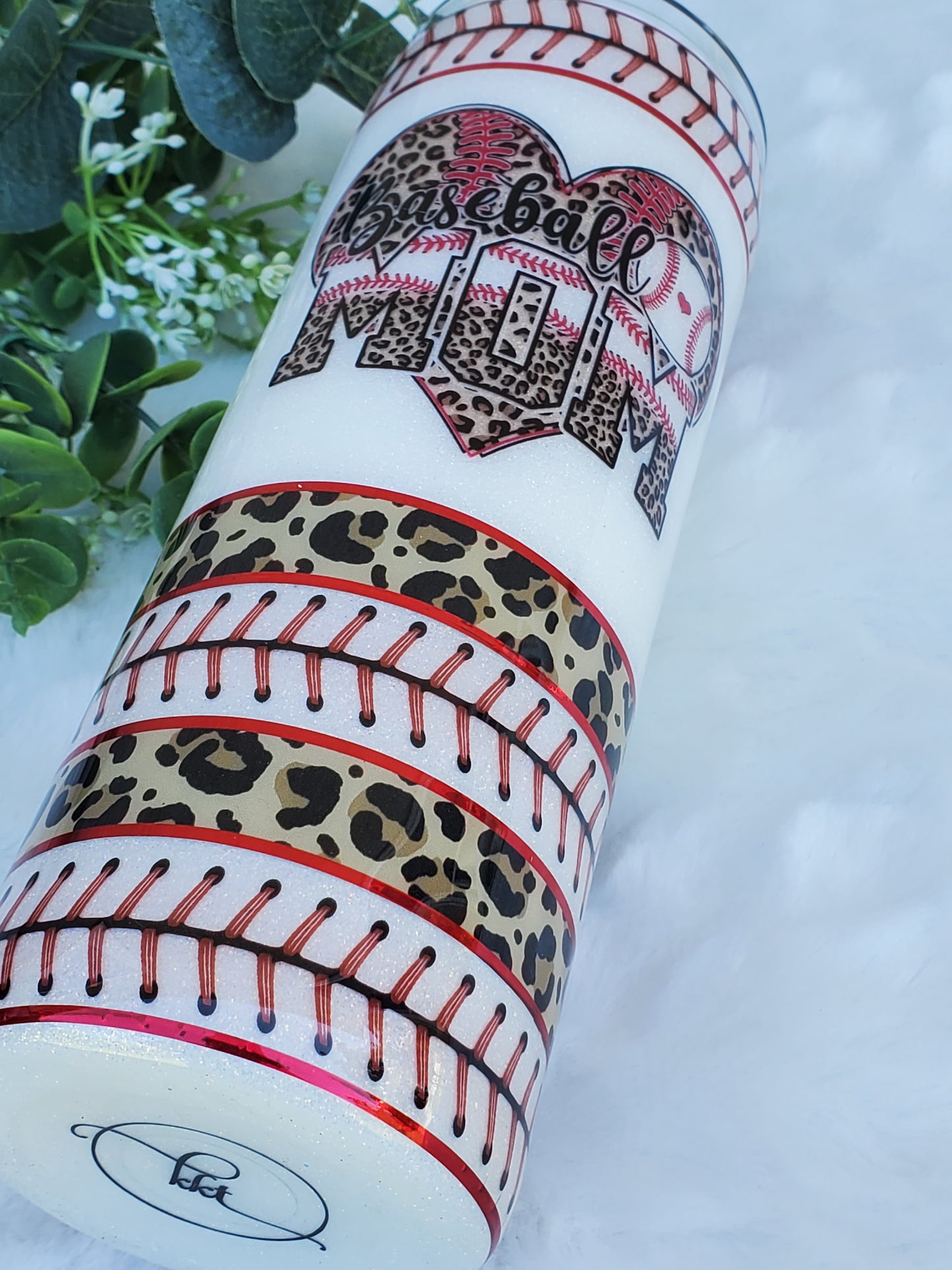 Baseball MOM leopard glitter Custom Tumbler - 20 oz Skinny Straight - white red