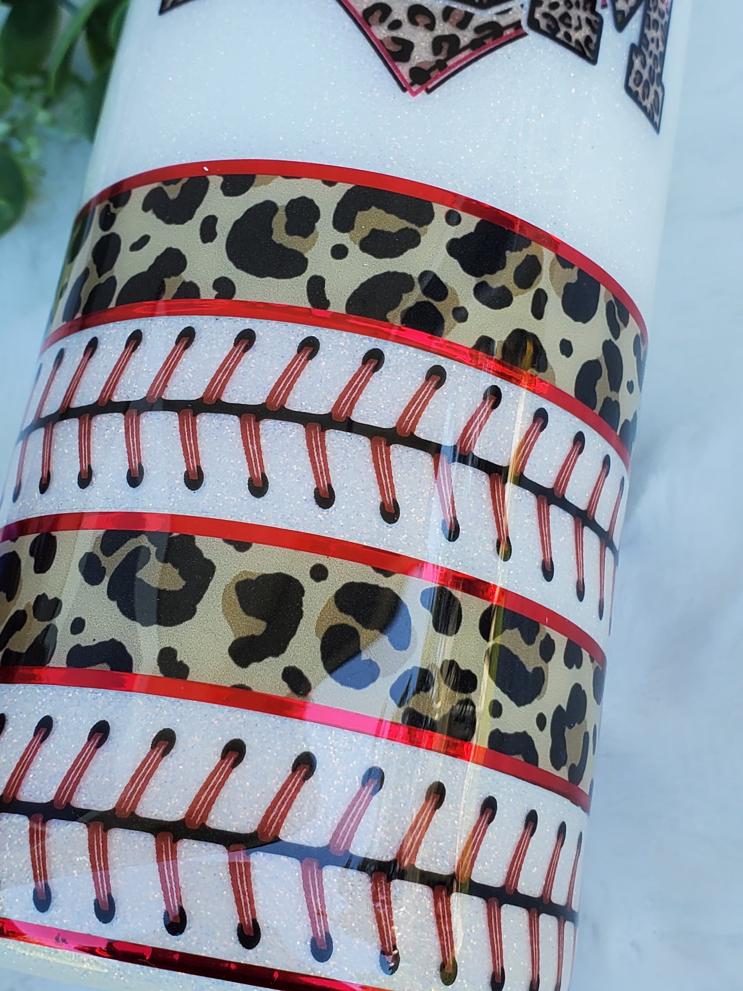 Baseball MOM leopard glitter Custom Tumbler - 20 oz Skinny Straight - white red