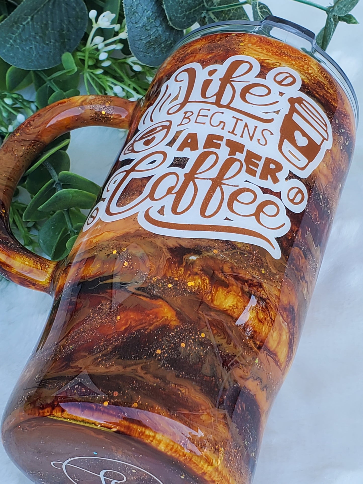 Coffee "Life Begins After Coffee" Ink Pigment Swirl Glitter Custom Mug Tumbler - 16 oz Morning Mug - browns