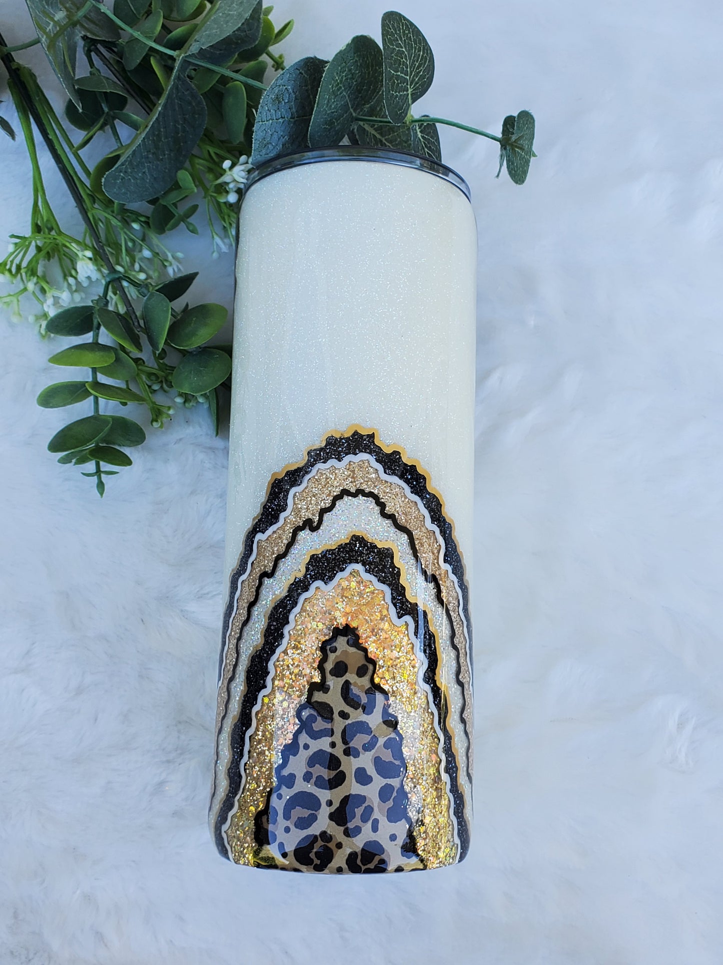 Geode leopard hand glittered custom tumbler - 24 oz skinny plump - gold