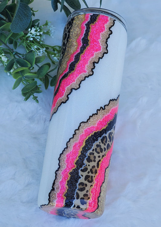 Geode leopard neon pink hand glittered custom tumbler - 30 oz skinny taper - pink black gold