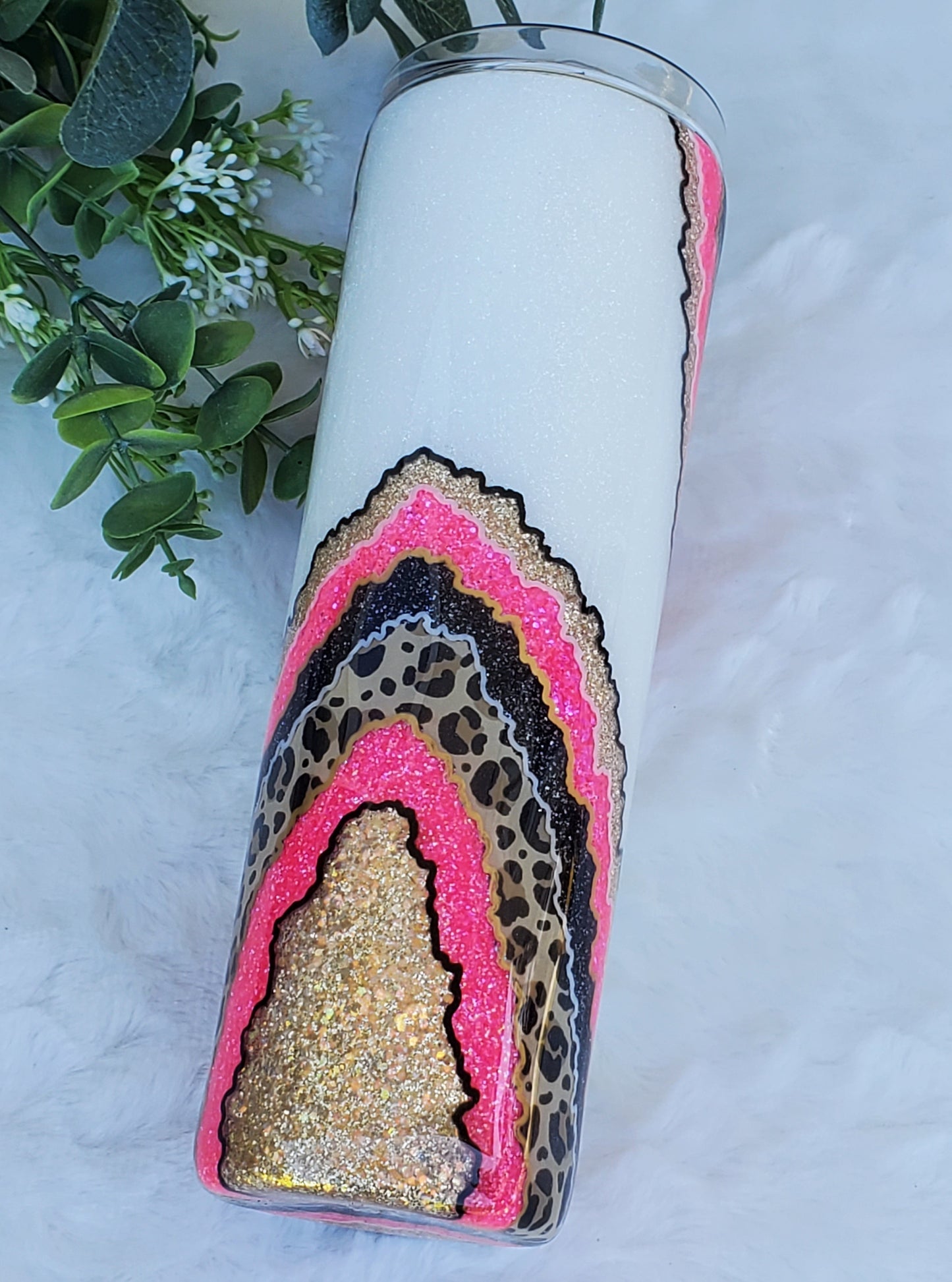 Geode leopard neon pink hand glittered custom tumbler - 30 oz skinny taper - pink black gold