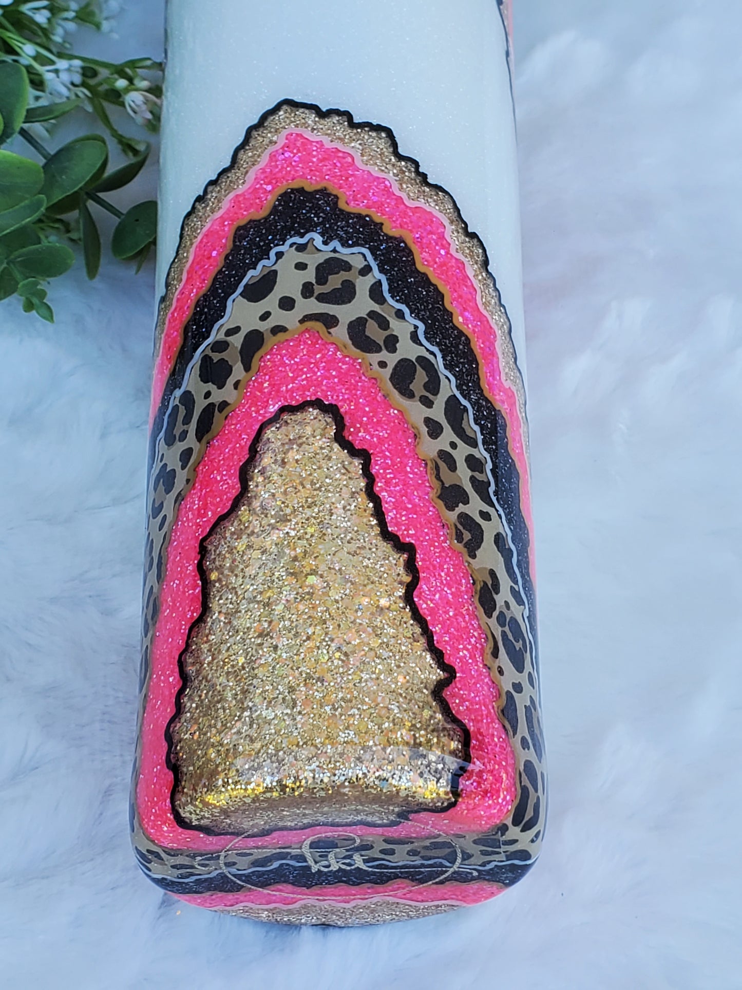 Geode leopard neon pink hand glittered custom tumbler - 30 oz skinny taper - pink black gold