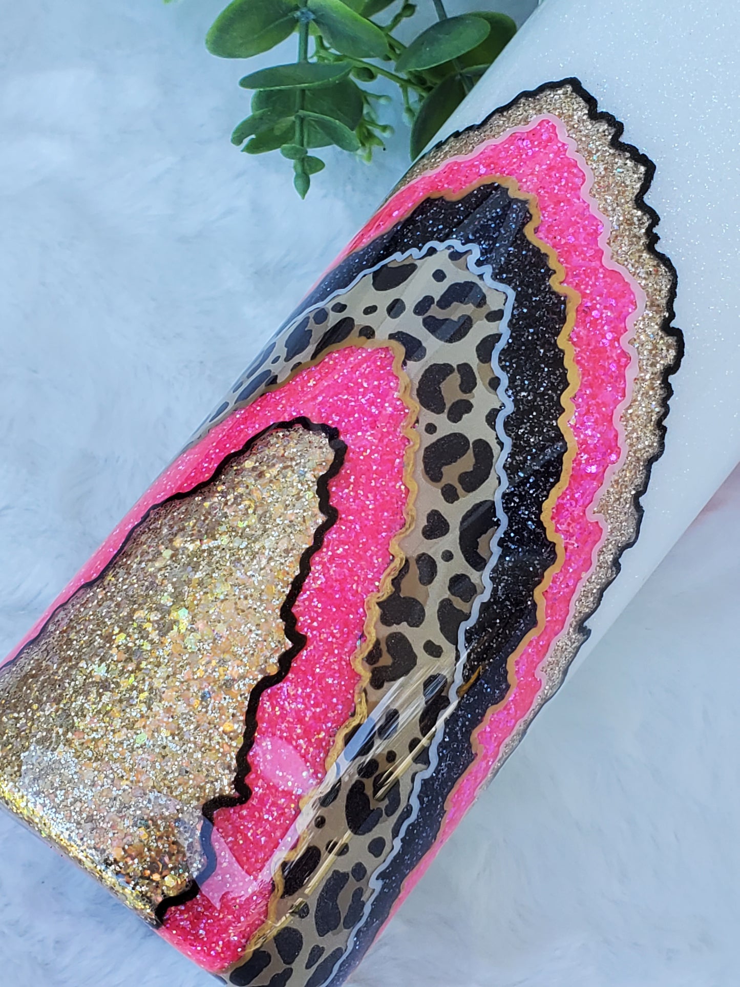 Geode leopard neon pink hand glittered custom tumbler - 30 oz skinny taper - pink black gold