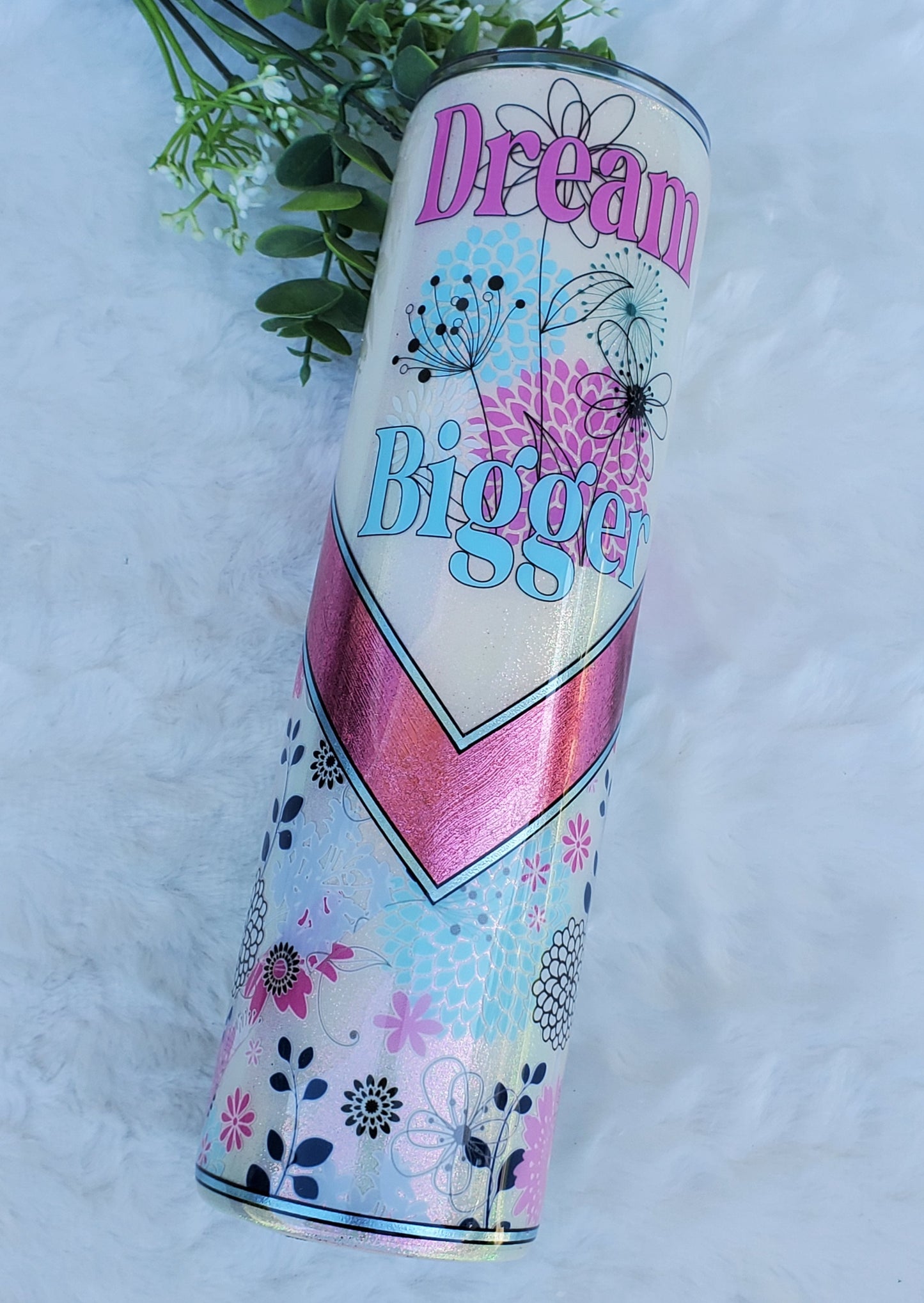 Dream Bigger floral foil Glitter V-Split Custom Tumbler - 32 oz skinny -opal pink