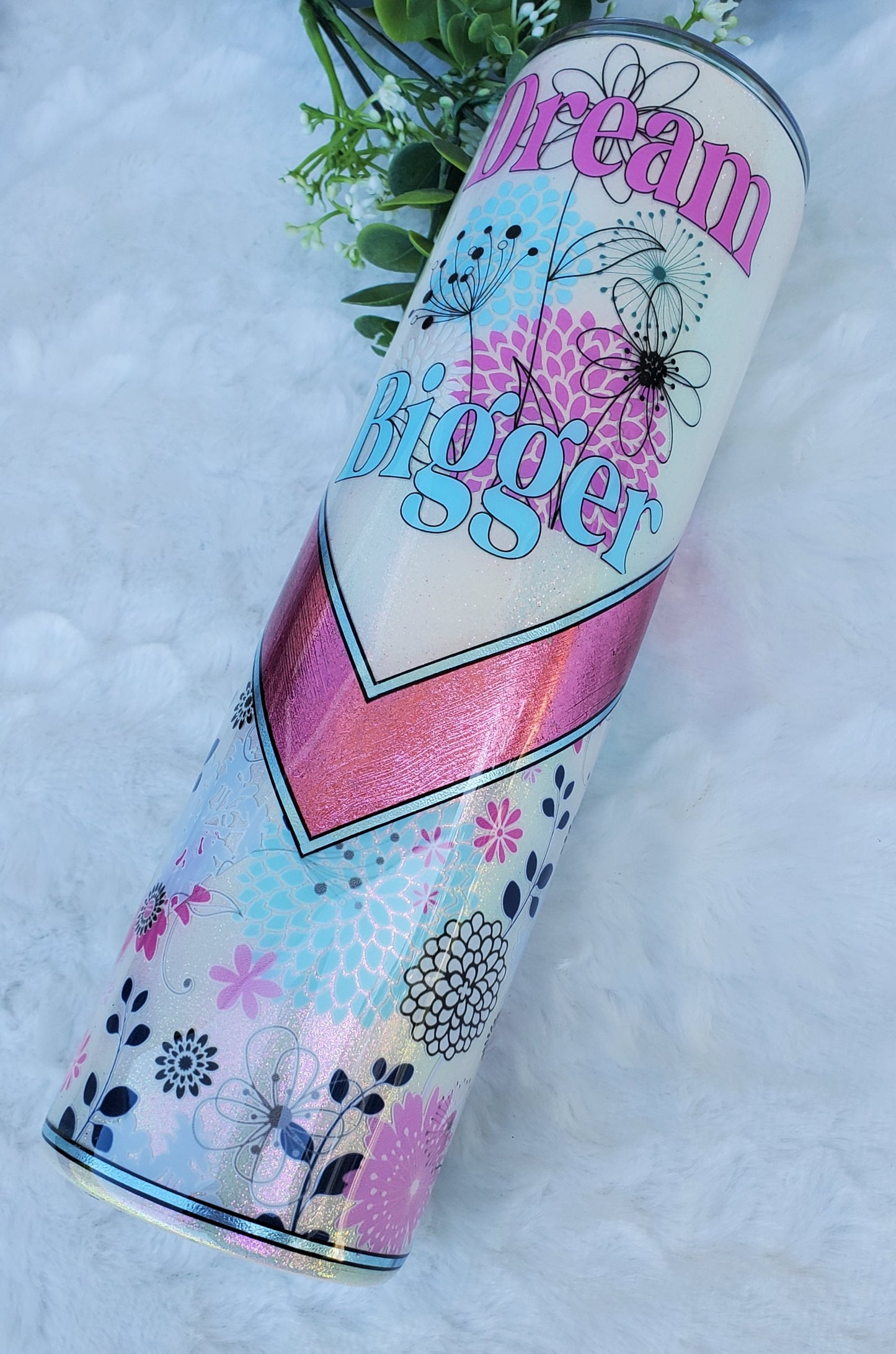 Dream Bigger floral foil Glitter V-Split Custom Tumbler - 32 oz skinny -opal pink