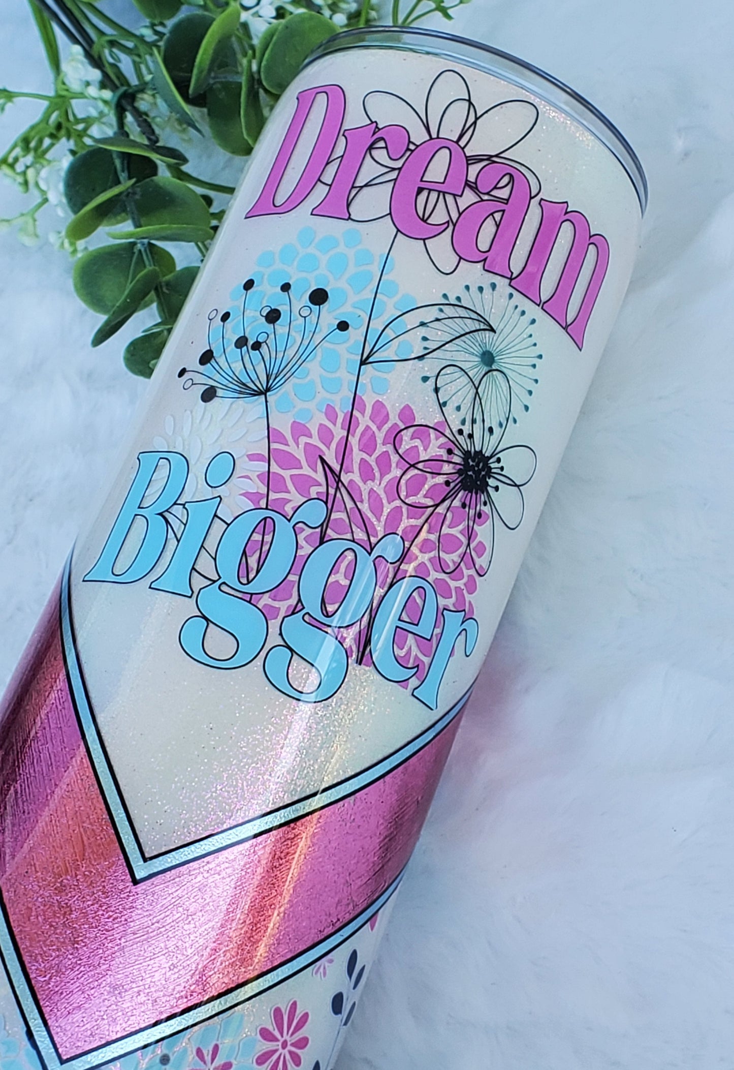 Dream Bigger floral foil Glitter V-Split Custom Tumbler - 32 oz skinny -opal pink