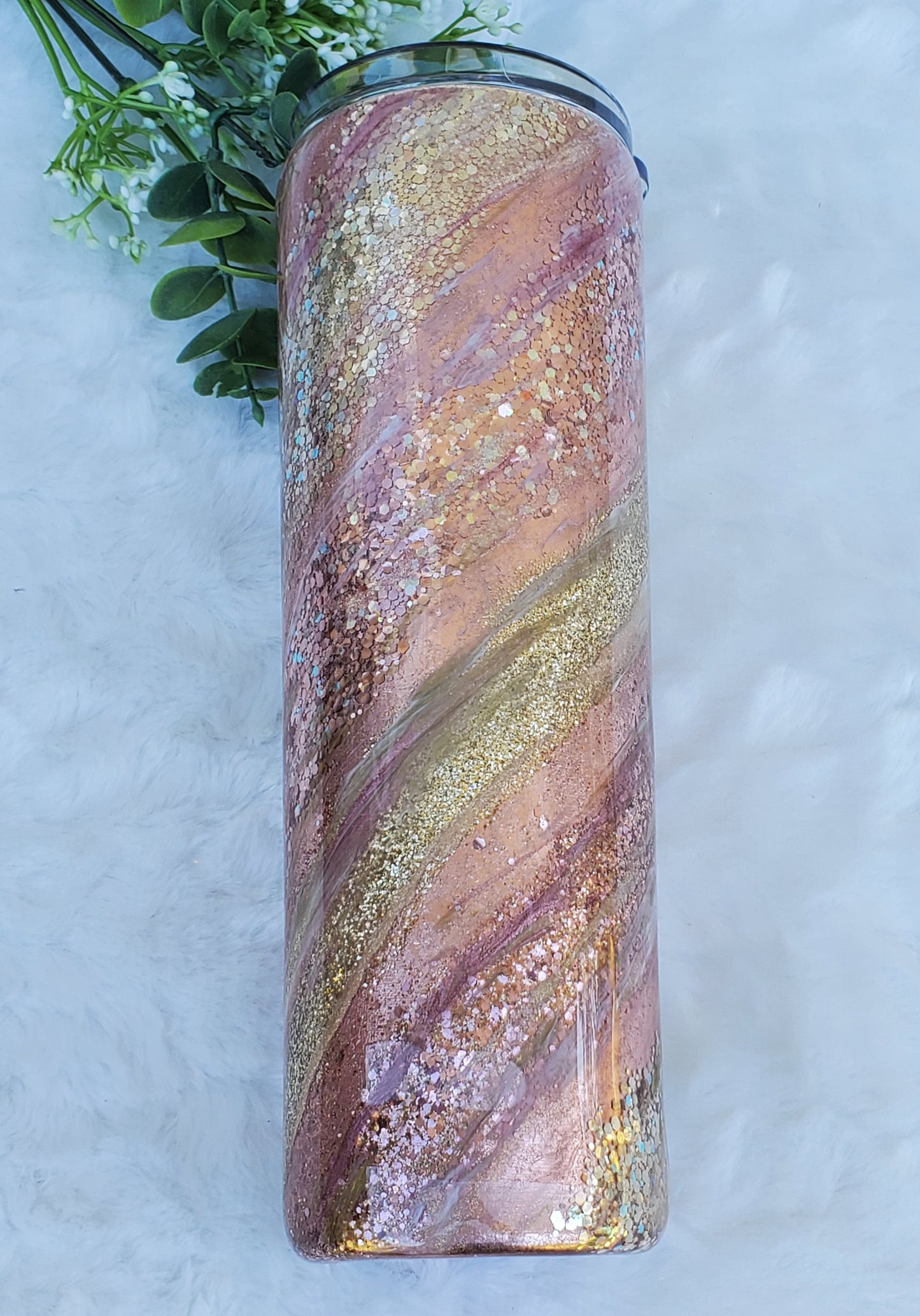 Glitter Milky Way Swirl Custom Tumbler - 30 oz Skinny Taper- Rose gold pink gold