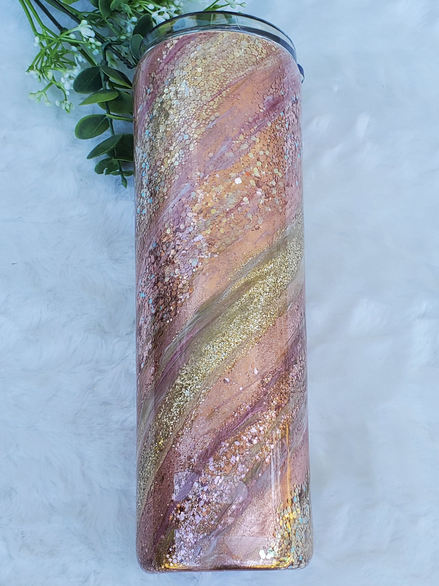 Glitter Milky Way Swirl Custom Tumbler - 30 oz Skinny Taper- Rose gold pink gold