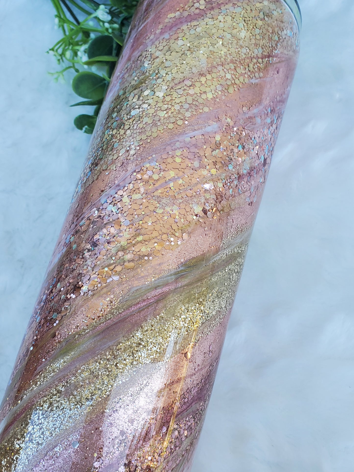 Glitter Milky Way Swirl Custom Tumbler - 30 oz Skinny Taper- Rose gold pink gold