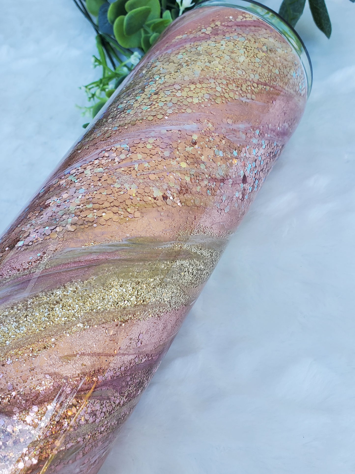Glitter Milky Way Swirl Custom Tumbler - 30 oz Skinny Taper- Rose gold pink gold