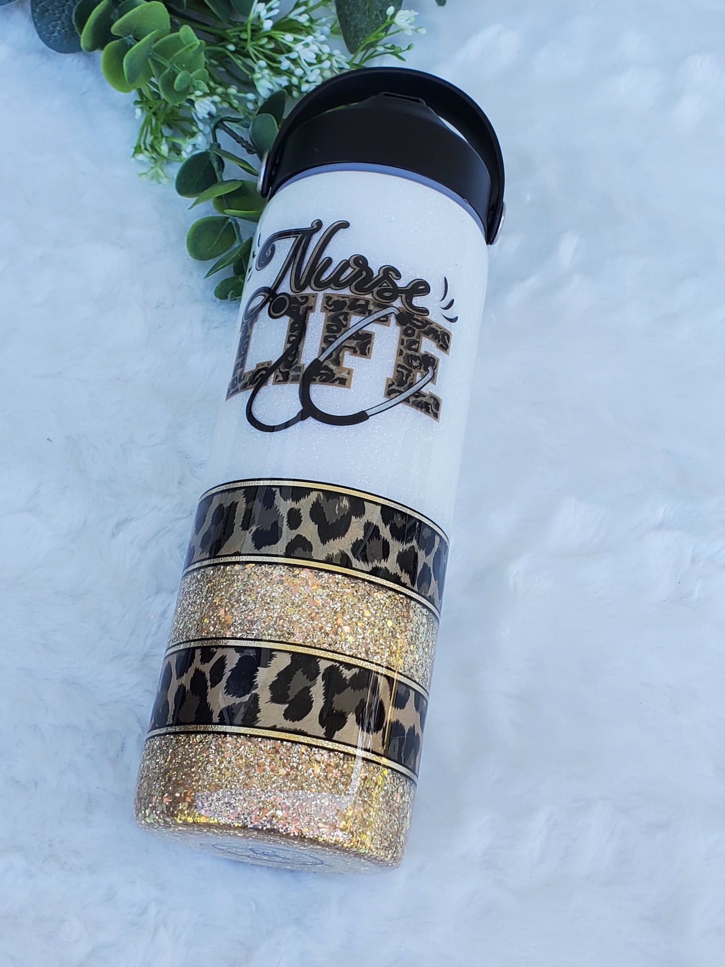 NURSE life leopard Glitter Custom Tumbler - 24 oz Skinny Plump hydro - white gold