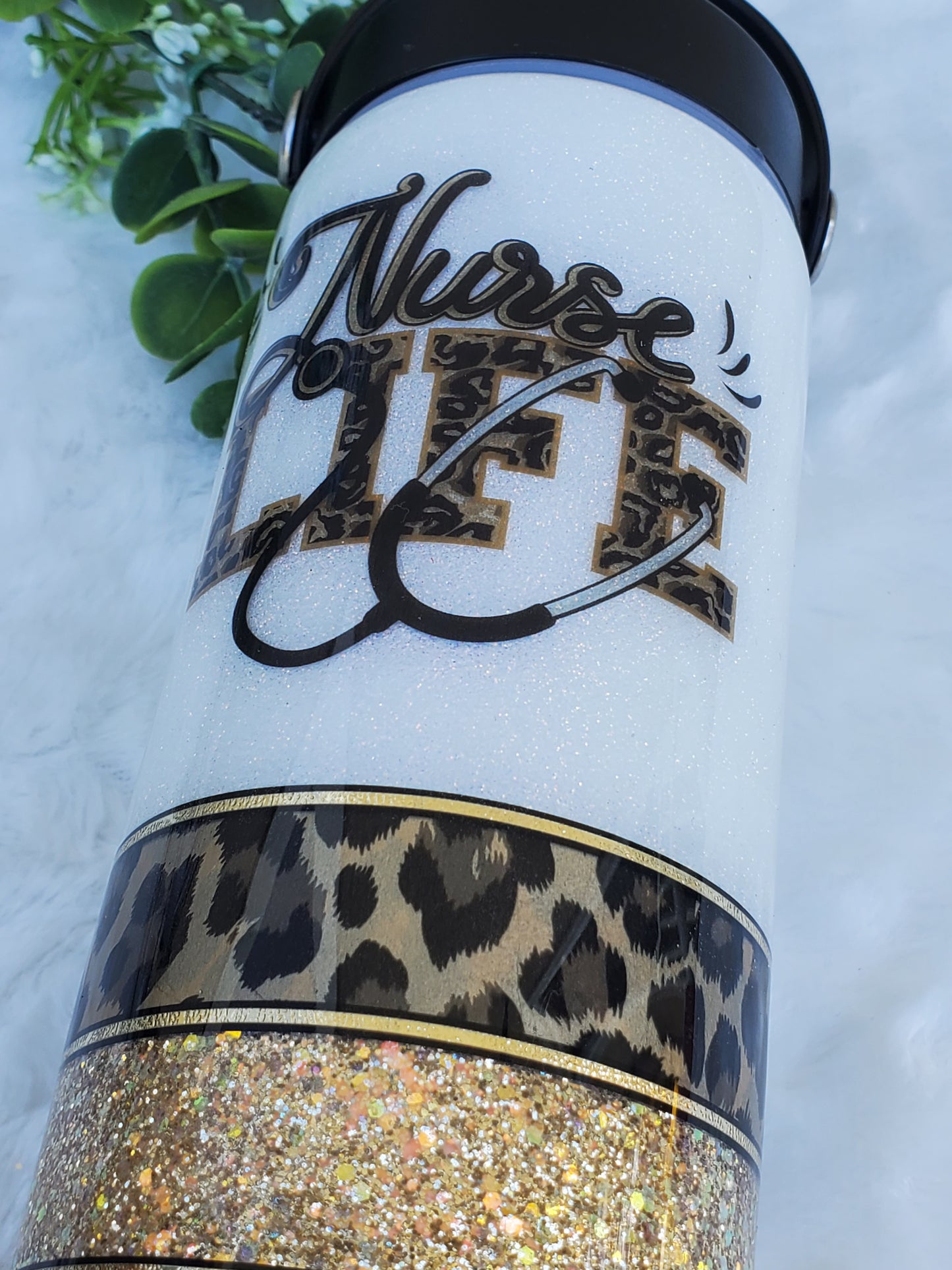 NURSE life leopard Glitter Custom Tumbler - 24 oz Skinny Plump hydro - white gold