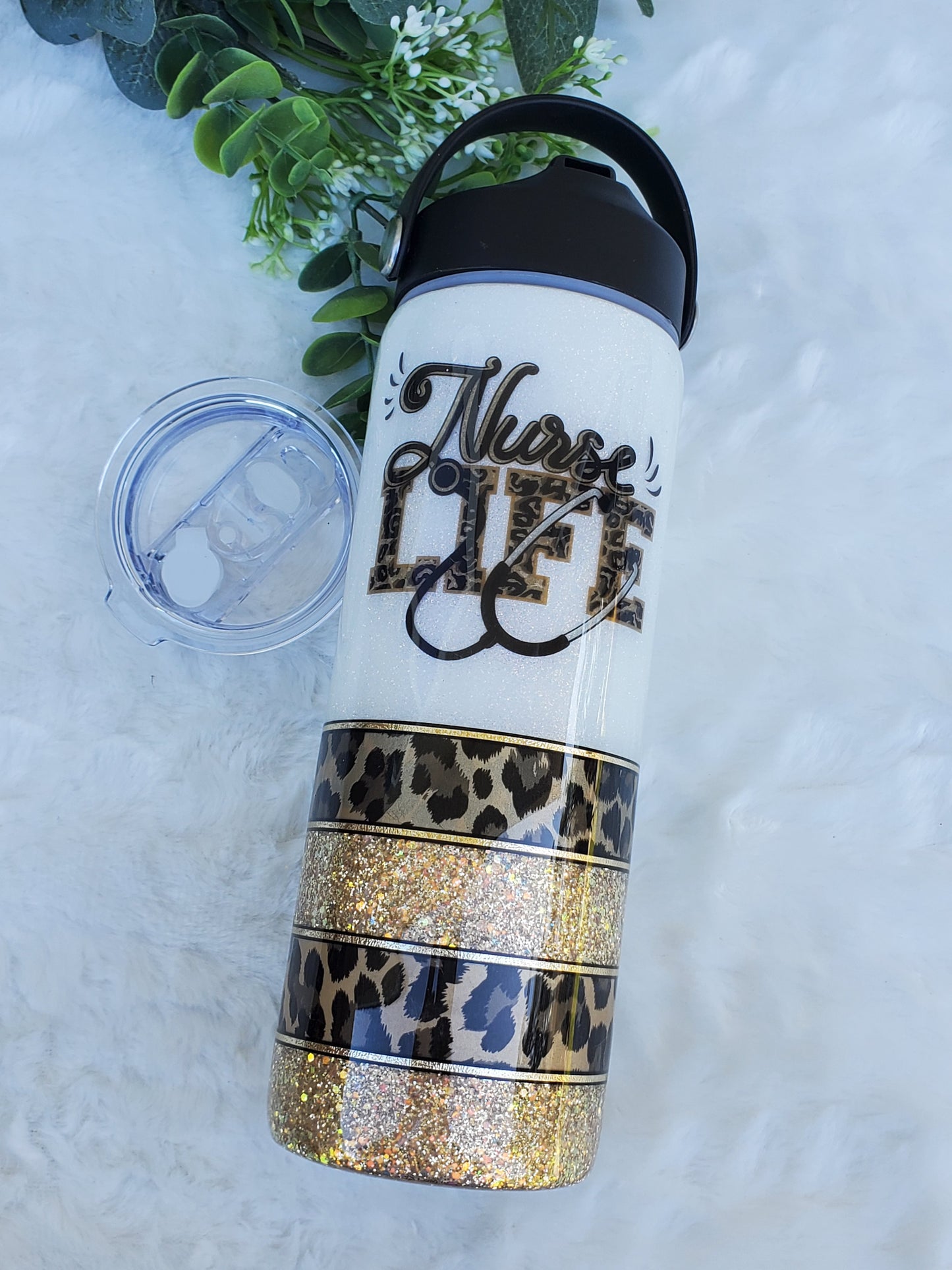 NURSE life leopard Glitter Custom Tumbler - 24 oz Skinny Plump hydro - white gold