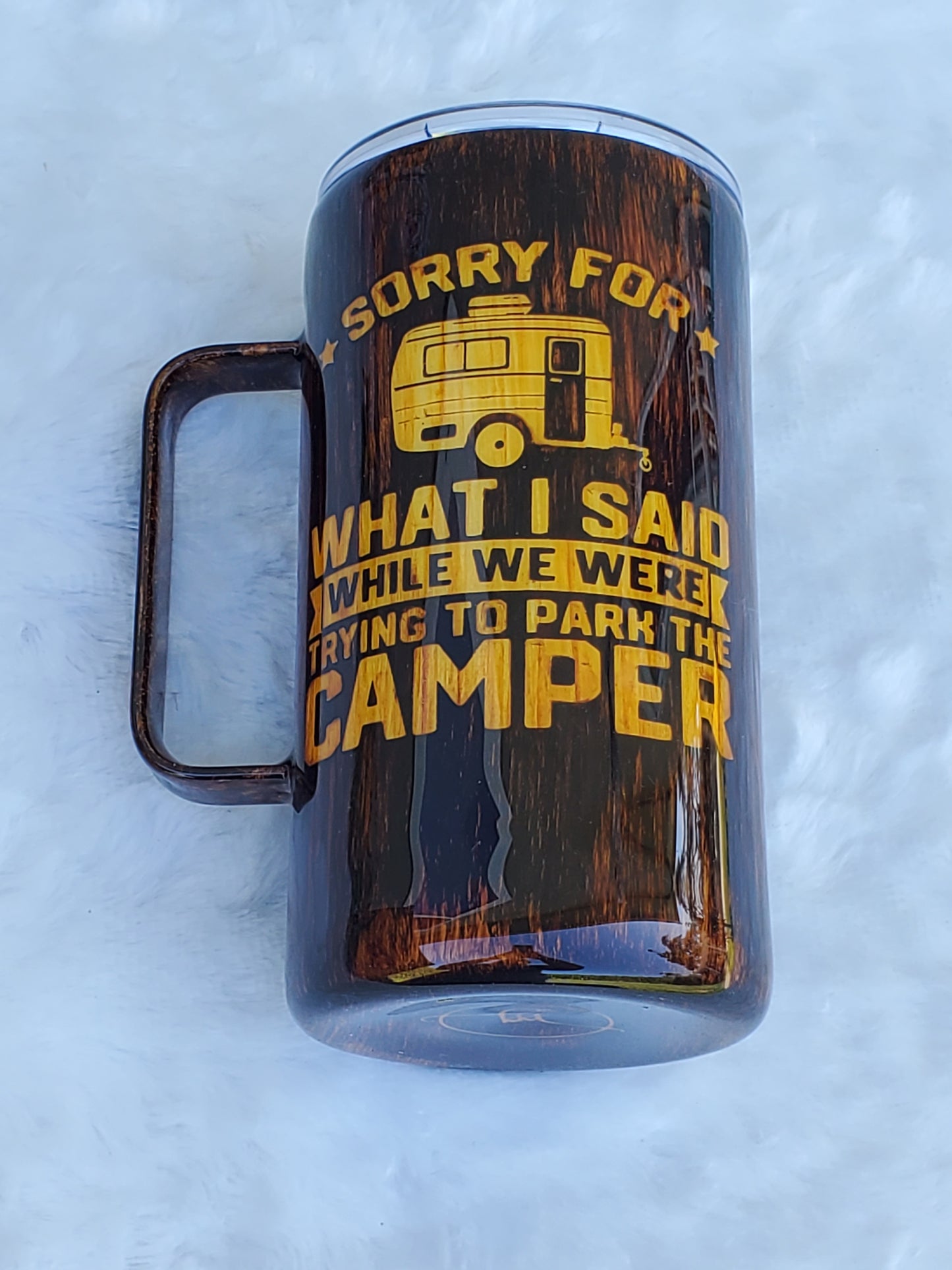 Camper Parking Woodgrain Non Glitter Tumbler - 25 oz straight handle mug - dark woodgrain