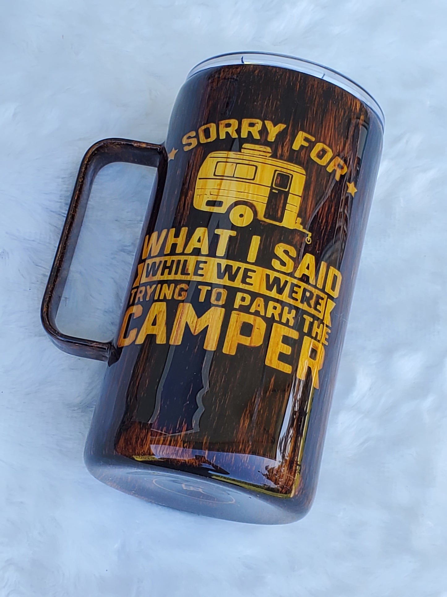 Camper Parking Woodgrain Non Glitter Tumbler - 25 oz straight handle mug - dark woodgrain