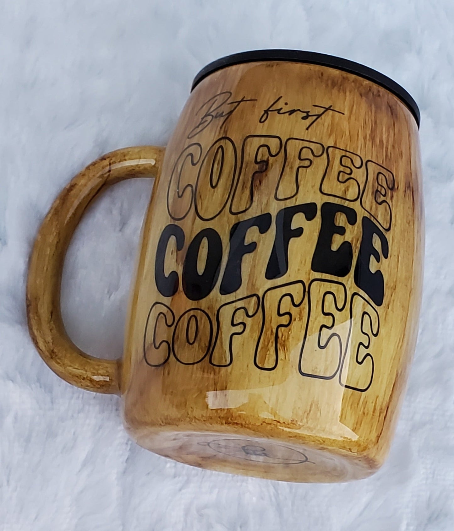 Coffee But first, coffee Custom Tumbler - 14 oz curved coffee mug - brown woodgrain