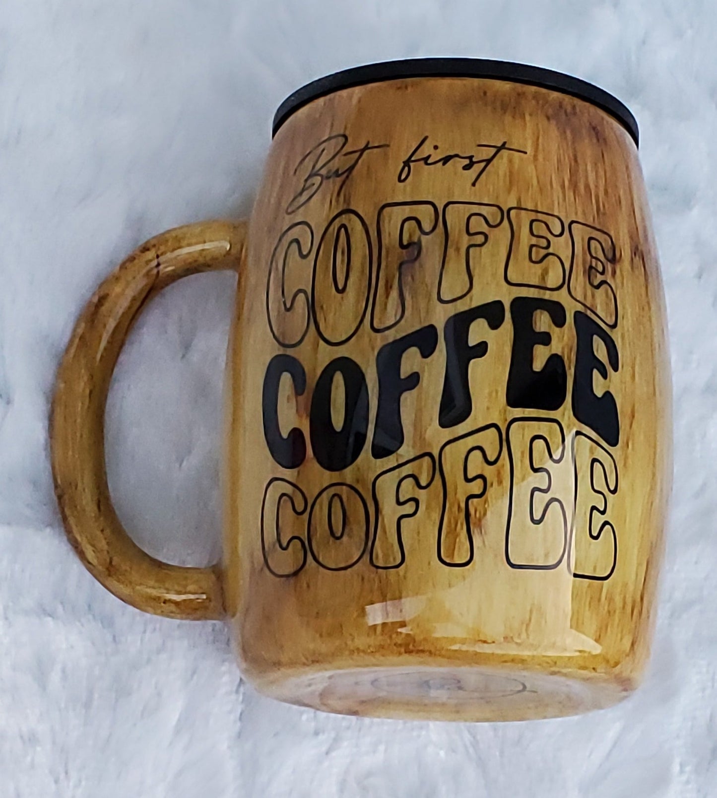 Coffee But first, coffee Custom Tumbler - 14 oz curved coffee mug - brown woodgrain