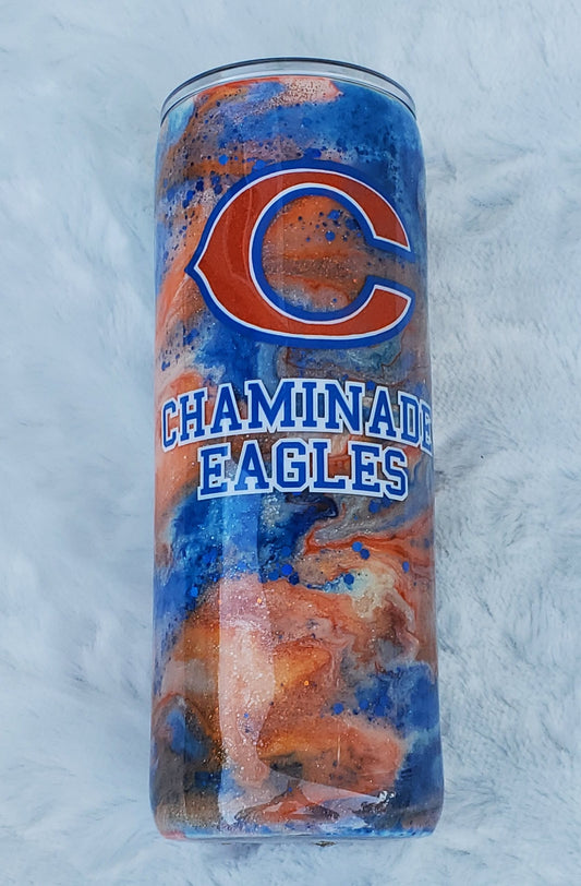 Chaminade Alcohol Ink Pigment Swirl GlitterCustom Tumbler - 24 oz skinny - blue, orange, white