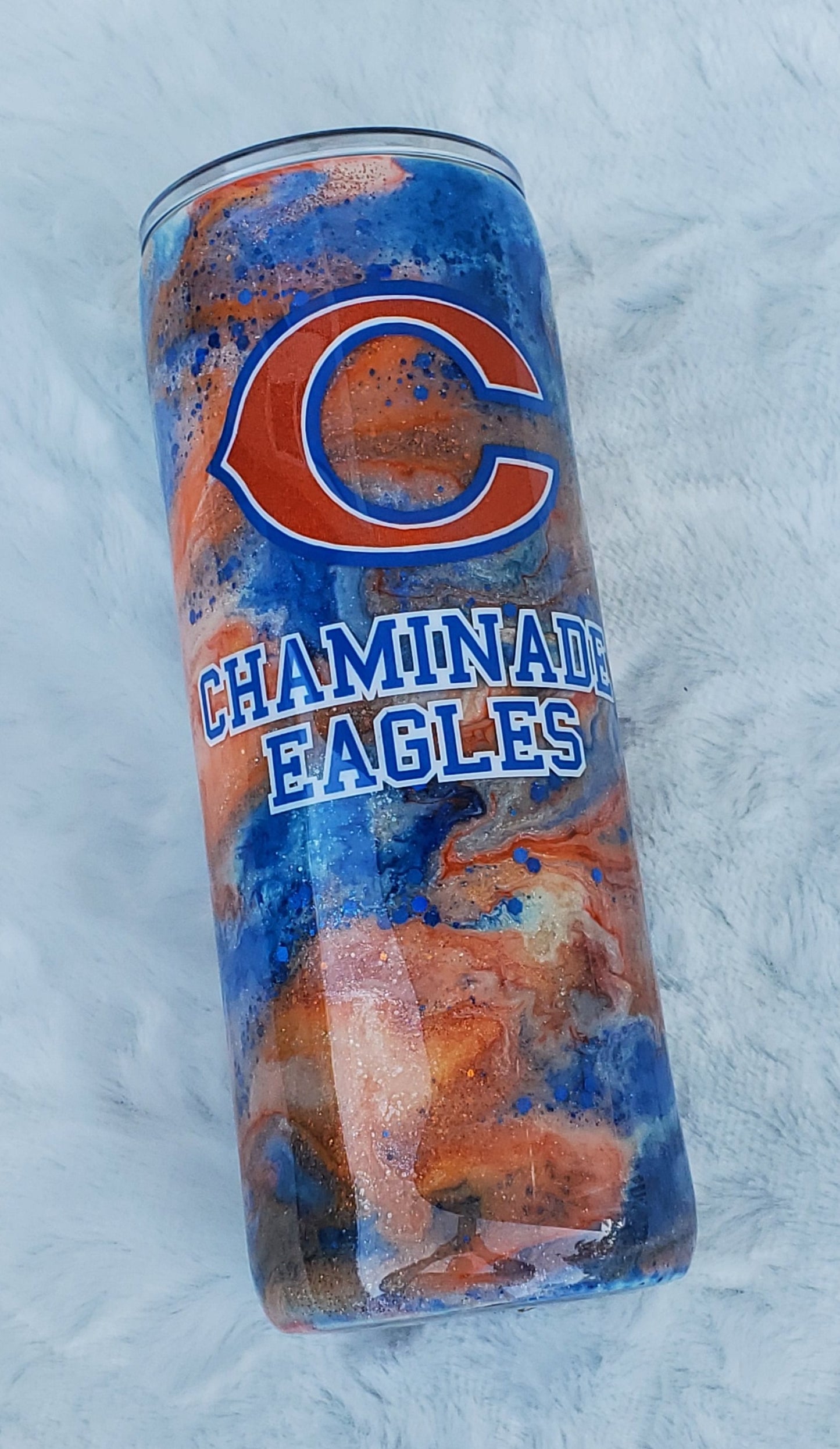 Chaminade Alcohol Ink Pigment Swirl GlitterCustom Tumbler - 24 oz skinny - blue, orange, white