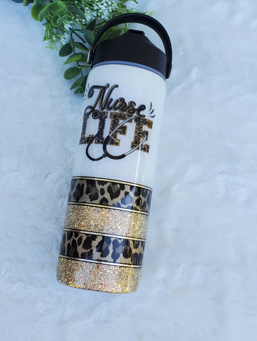 NURSE life leopard Glitter Custom Tumbler - 24 oz Skinny Plump hydro - white gold