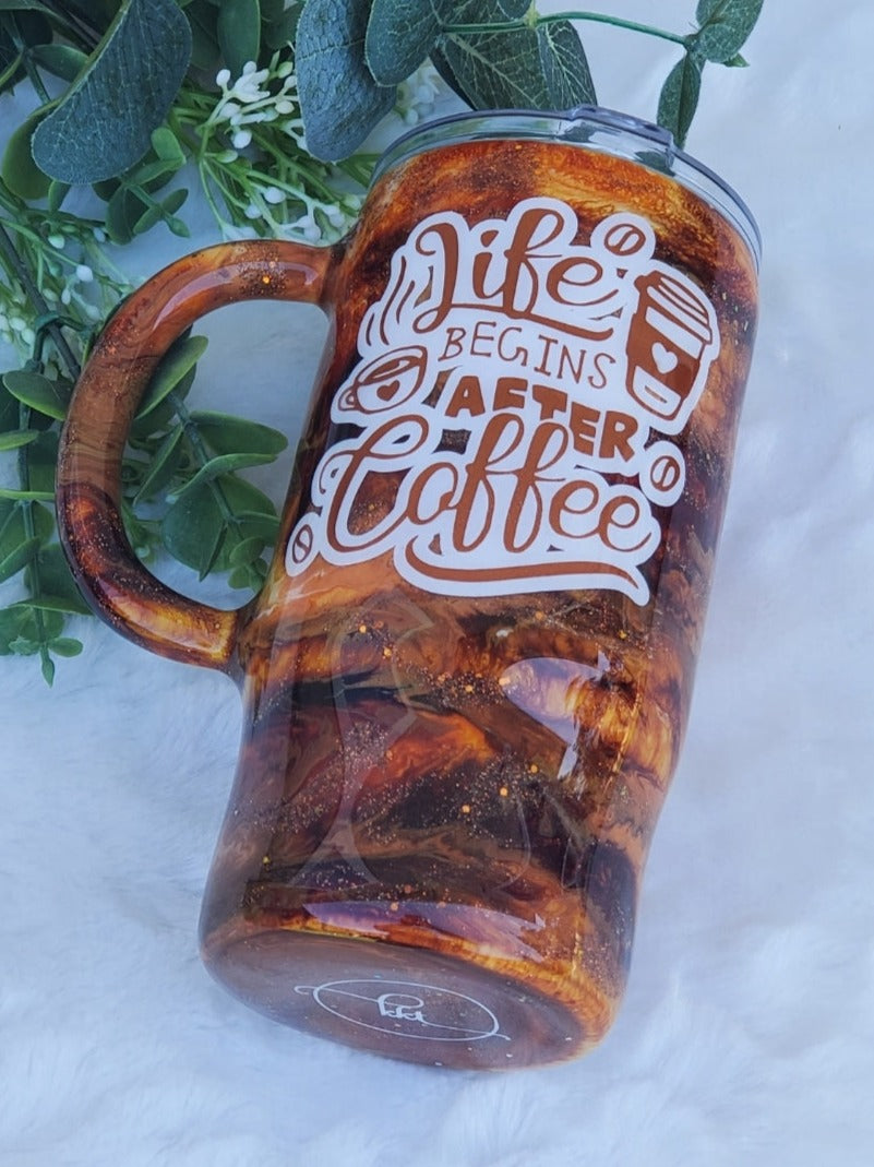 Coffee "Life Begins After Coffee" Ink Pigment Swirl Glitter Custom Mug Tumbler - 16 oz Morning Mug - browns