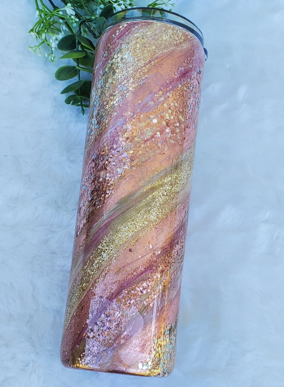 Glitter Milky Way Swirl Custom Tumbler - 30 oz Skinny Taper- Rose gold pink gold