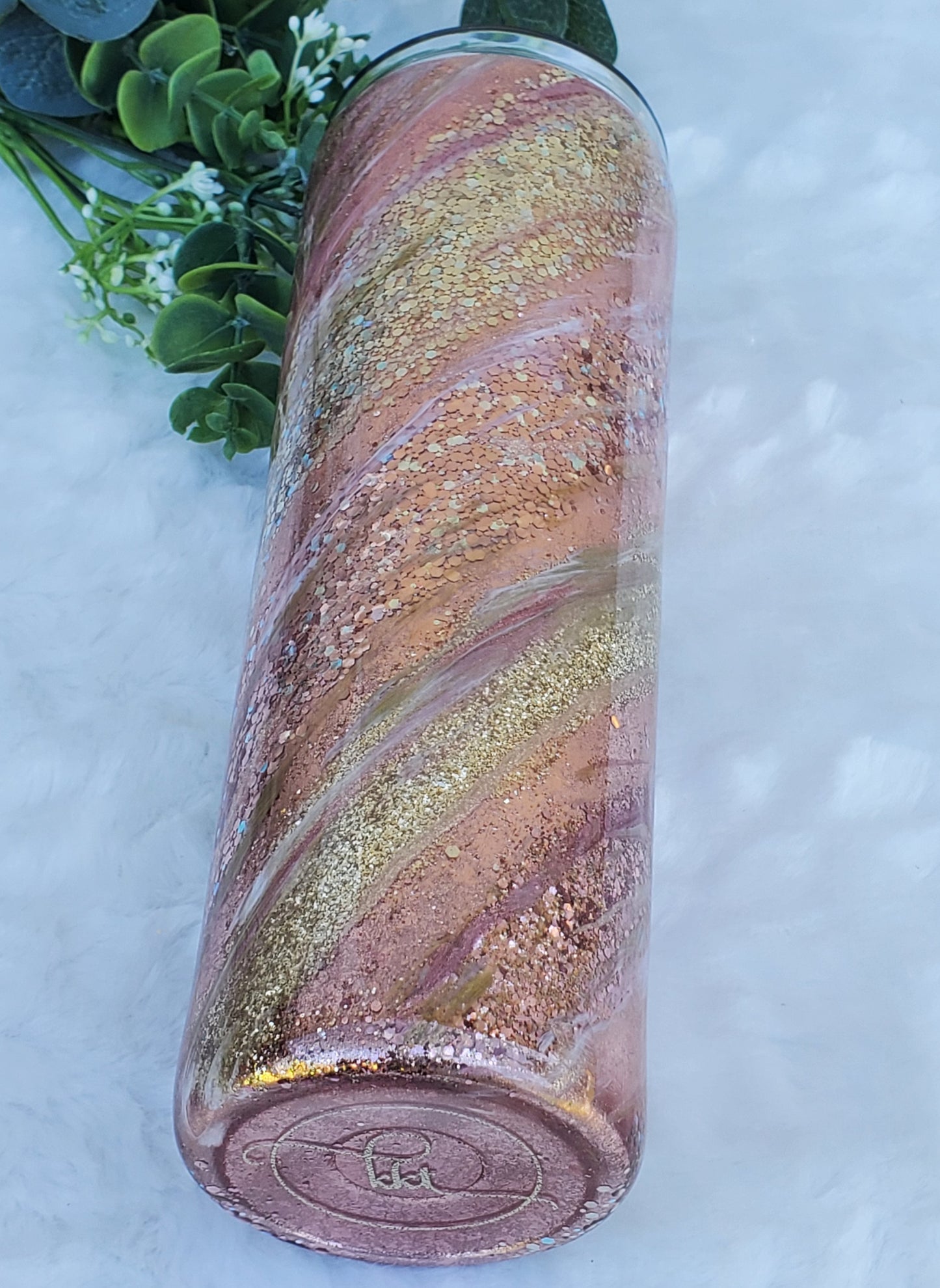 Glitter Milky Way Swirl Custom Tumbler - 30 oz Skinny Taper- Rose gold pink gold